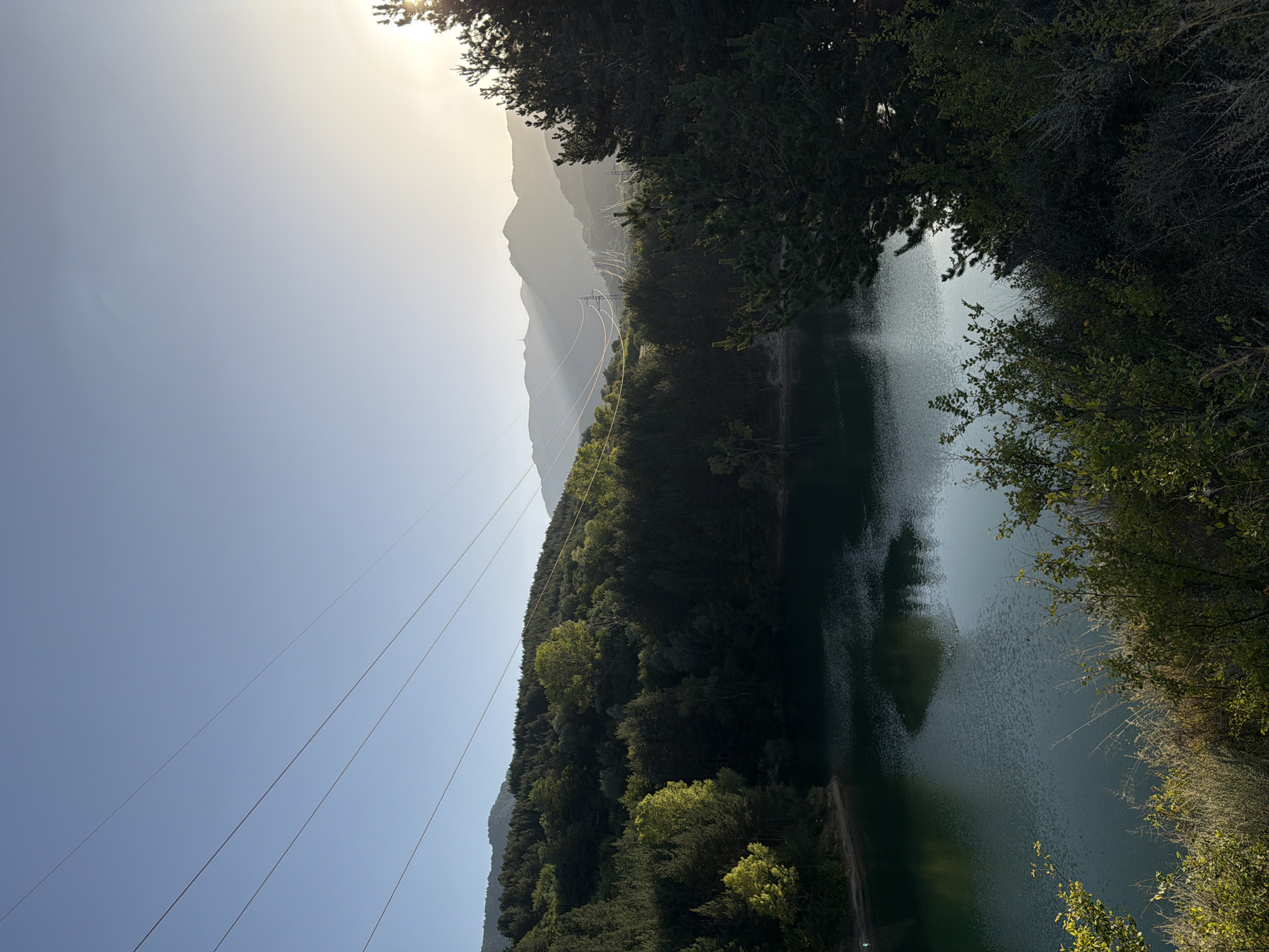 An outdoor, vertical, eye-level shot captures a serene lake nestled among lush green hills under a bright, clear blue sky. The sun's golden rays pierce through a hazy sky on the right, casting a soft glow over the distant mountains. Power lines crisscross the sky, strung between tall, metal towers that dot the landscape. The lake's surface is a deep emerald green, reflecting the surrounding foliage and the pale sky. A dense forest of pine and deciduous trees blankets the hills, their varied shades of green creating a rich tapestry. In the foreground, the shore is adorned with wild grasses and bushes, adding a touch of untamed beauty to the scene. There are no people or animals visible in the image. The location is identified as Dobrotino, Bulgaria.