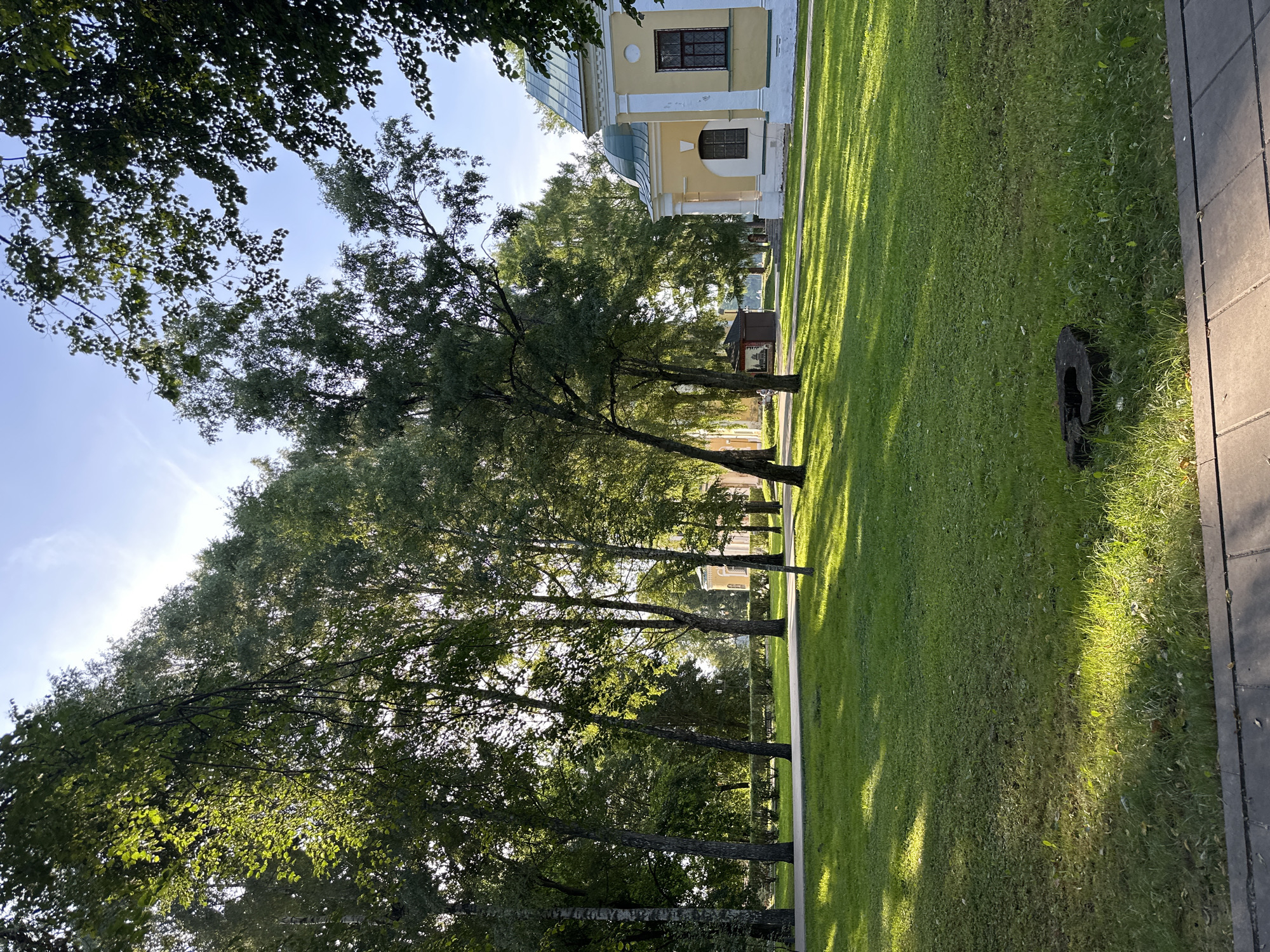 The image shows a sun-dappled grassy area in front of a yellow building with a green domed roof. Tall, slender trees with lush green foliage line a paved walkway that curves through the lawn. Sunlight filters through the leaves, casting dappled shadows on the grass. The building appears to be a historical structure, possibly a church or part of a larger complex. The scene is peaceful and serene, suggesting a park or garden setting. The sky is clear blue with a few wispy clouds. The overall impression is one of natural beauty and tranquility.