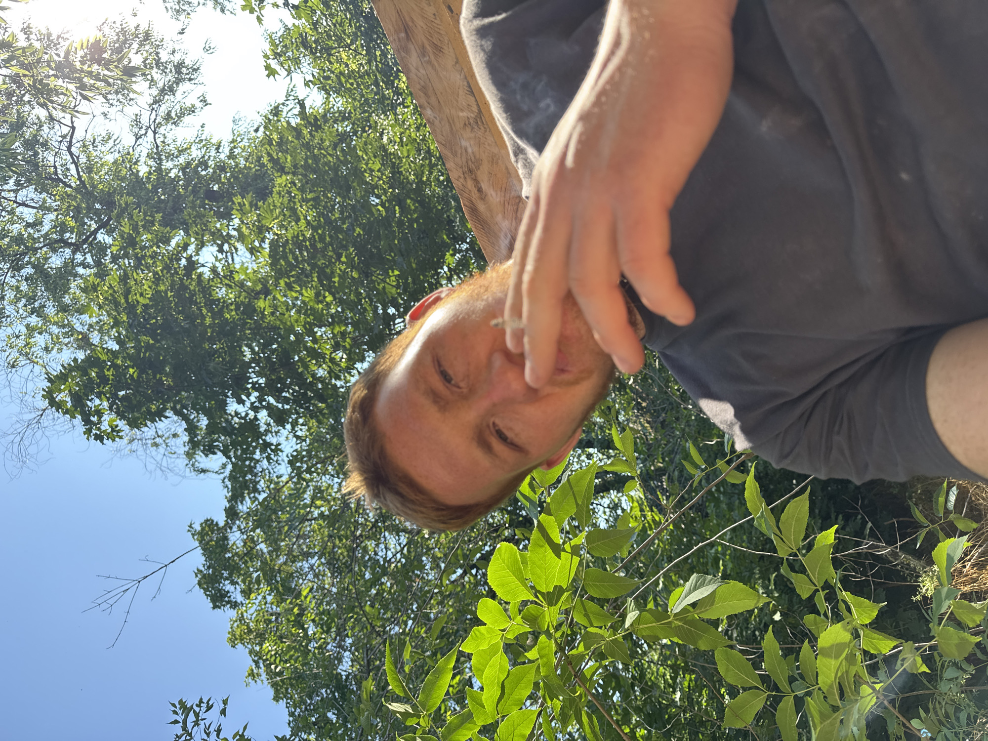 A man with short, reddish-brown hair is holding a lit cigarette to his lips, exhaling smoke. He is wearing a dark t-shirt. The man is positioned in the foreground of the image, looking towards the camera. Behind him, a large, roughly cut wooden beam is visible, and behind that, lush green foliage and tree branches dominate the background. The scene is illuminated by bright sunlight, which casts some glare. The sky is clear and blue. The location is described as Unknown, Unknown.