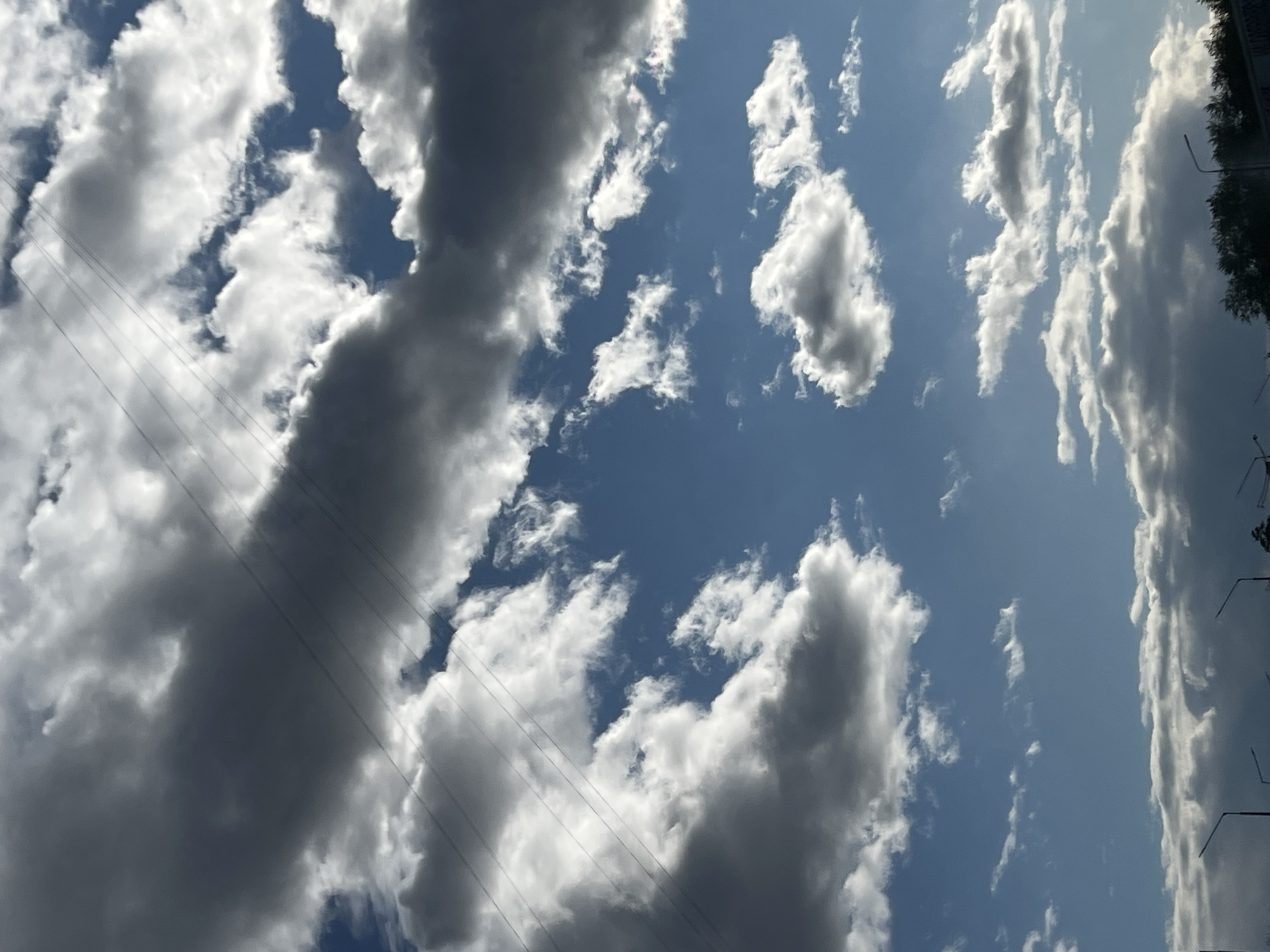 The image shows a sky with clouds. Some trees and lampposts are visible on the right. Electrical wires run across the left side of the image. The photograph was taken in Perm, Russia.