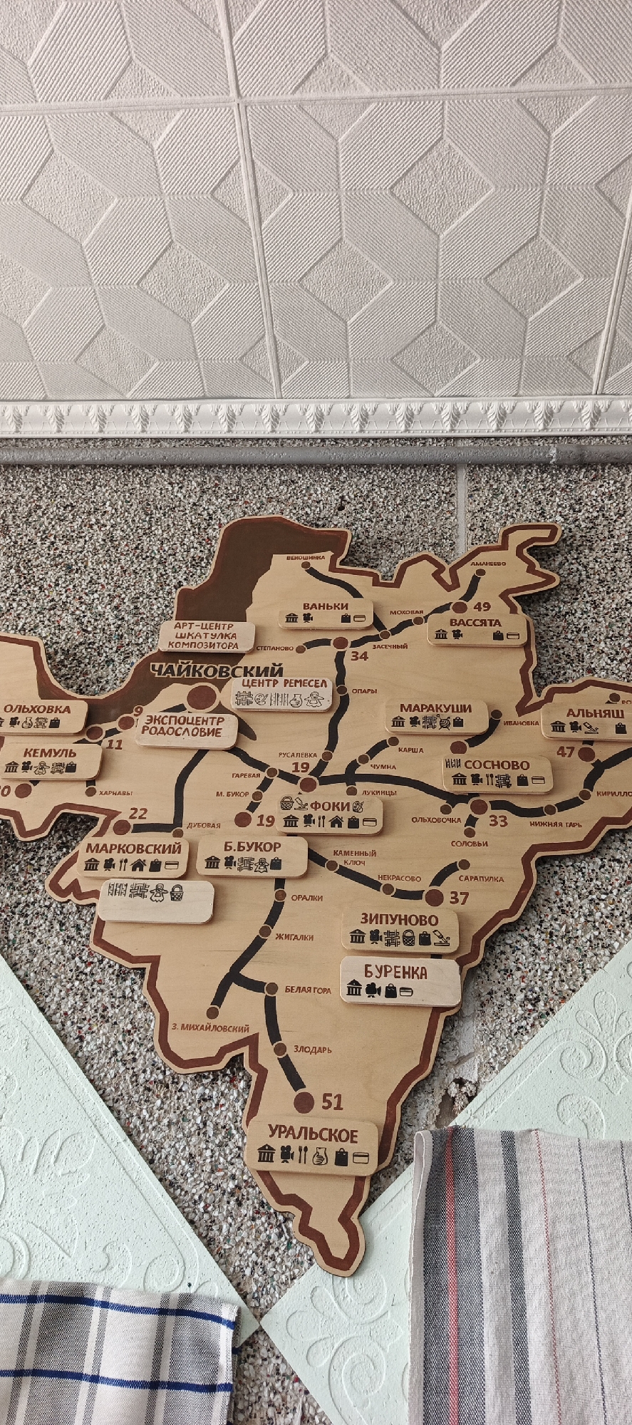 The image shows a map of a region in Russia, possibly the Perm Krai or a region within it, mounted on a wall. The map appears to be made of wood and features town names and landmarks. The towns include Oльховка, Кемуль, Чайковский, Bаньки, Mаракyши, Фоки, Зипуново, and Уральское.
The map contains road lines with numeric place marks along the roads between landmarks. Each place has icons indicating the existence of landmarks for Museums, Food, Travel or Camping.
The map is surrounded by various wall coverings; some areas are a stone tile pattern, while others are a raised-patterned panel. The lower right corner of the image contains several folded towels with colored stripes.