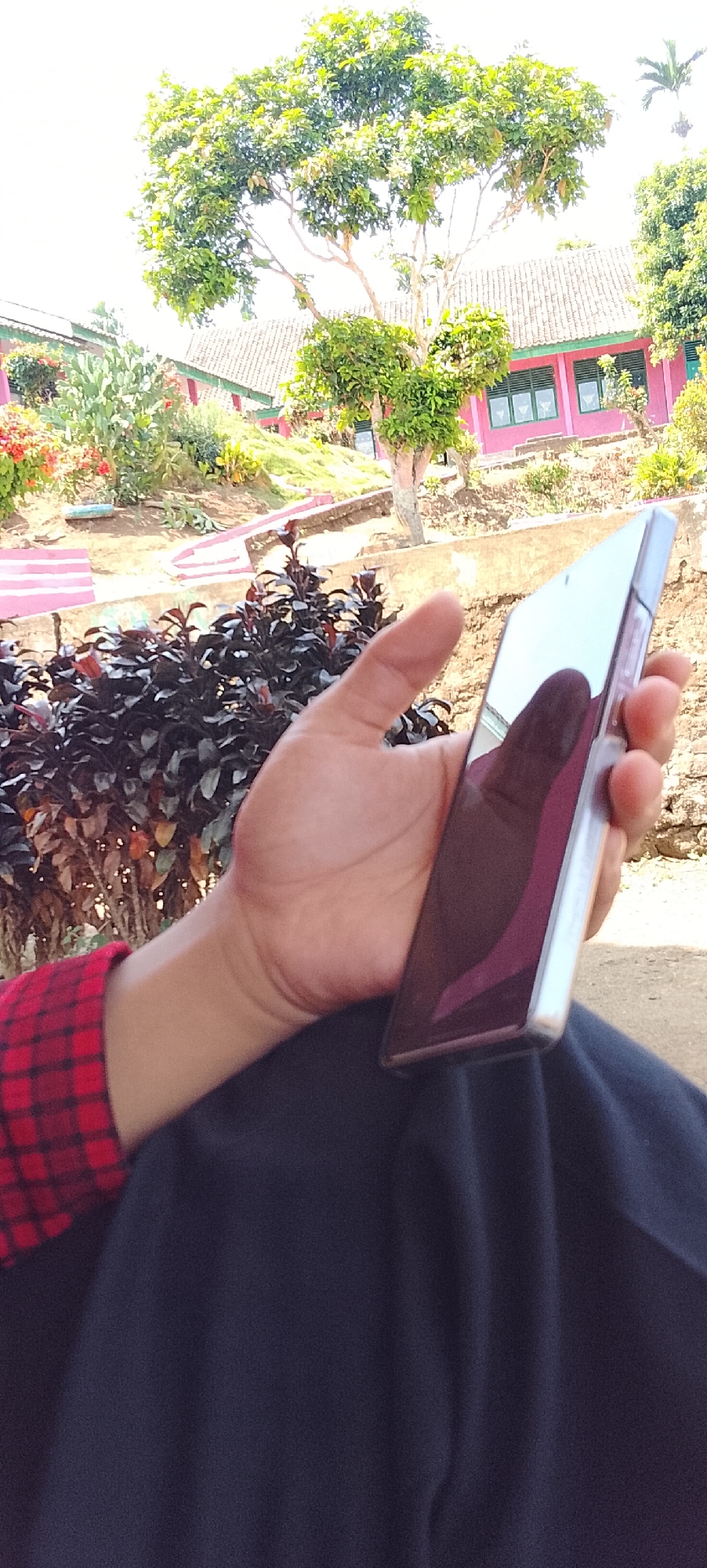 A person, wearing a red and black checkered shirt and dark pants, holds a silver smartphone in their right hand. The hand is positioned in the foreground, with the thumb extended upwards. The background features a building with a pink facade and green window frames, surrounded by lush greenery, trees, and some flowering plants. A large tree with light-colored bark and abundant green leaves dominates the upper portion of the image. The scene appears to be outdoors, possibly in a school or institutional setting, given the architecture and landscaping. The lighting suggests it is daytime, with sunlight illuminating the area. No other individuals are visible in the frame.