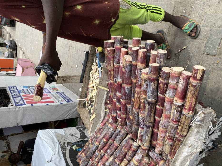 This image depicts a street scene in Ado, Nigeria, specifically near a commercial establishment identified by a white tarp sign reading "NANA VENTURE" and "POS AVAILABLE HERE" with Nigerian phone numbers. In the foreground, a dark-skinned individual, partially visible from the lower torso down, is actively preparing sugarcane. This individual wears a maroon t-shirt with light-colored star patterns, neon green shorts with black stripes on the side, and black flip-flops with green and orange designs. Their hands are holding a segment of peeled sugarcane, which is partially wrapped in black plastic.
To the left and front of the frame, a substantial quantity of cut sugarcane stalks, exhibiting red, purple, and brown coloration with lighter ends from recent cuts, are stacked horizontally on what appears to be a makeshift counter or stall. Numerous peeled sugarcane fragments and discarded husks are visible on a wooden surface behind the main stack of sugarcane, indicating ongoing processing. A blue-handled tool, possibly a knife, is also visible on this surface.
In the mid-ground, a dark-skinned individual wearing a dark t-shirt is seated inside a simple, possibly wooden or corrugated metal structure with a white tarp covering. This individual is resting their head on their hand, looking towards the right side of the frame. The background reveals a paved street, with faint glimpses of parked vehicles and other urban structures under an overcast sky. The overall scene suggests a vibrant, active marketplace environment.
