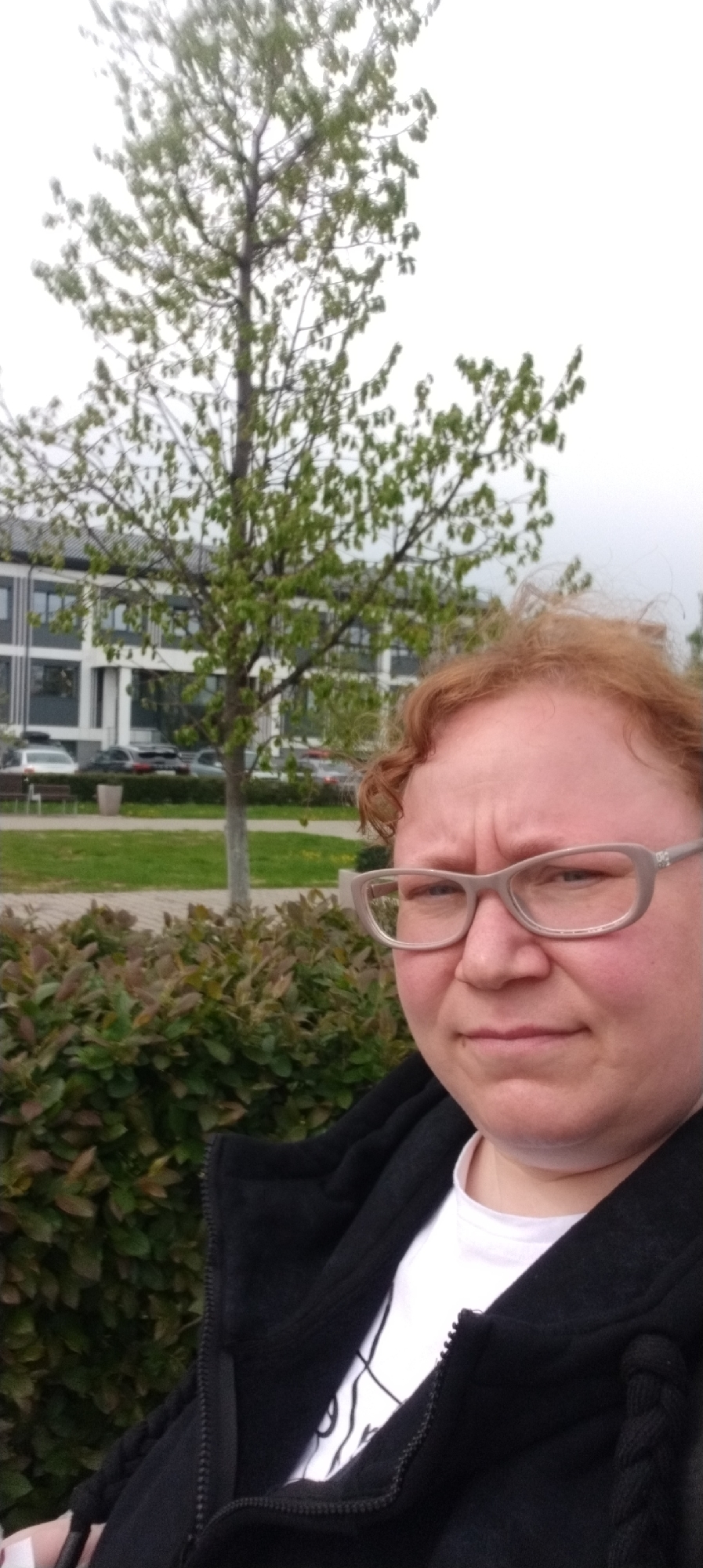 A selfie taken by a woman with red hair and glasses, wearing a white shirt and black jacket. Behind her are green bushes, a tree with sparse green leaves, a building with gray and white walls, parked cars, benches, and planters. The location is likely a park or green space in an urban area, potentially in the city of Chaikovsky, Russia, based on the prompt. The sky is overcast.