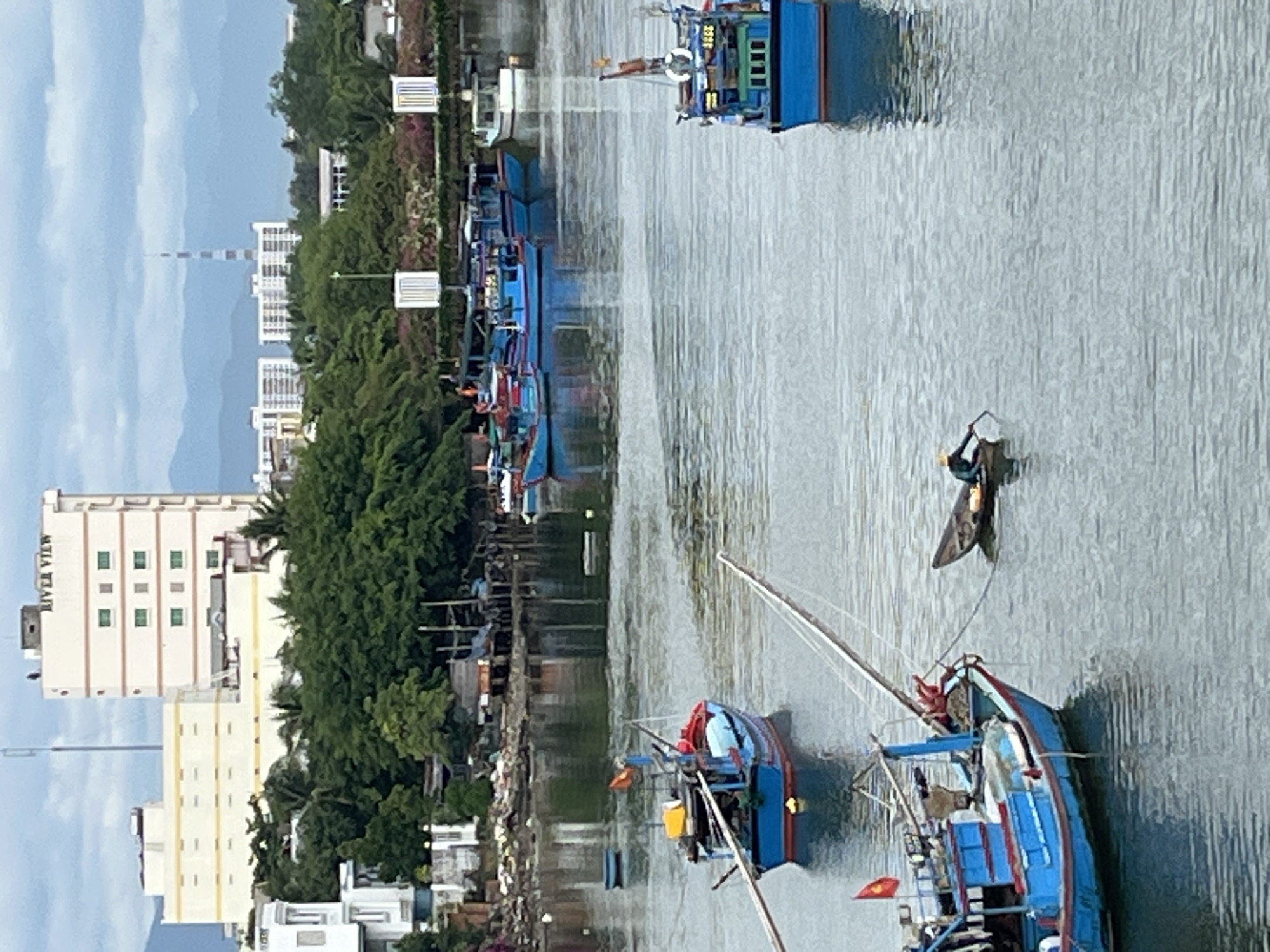 The image depicts a wide river or bay in Nha Trang, Vietnam, with several boats of various sizes docked or navigating the water. In the background, a city skyline is visible, featuring several multi-story buildings. The most prominent building on the left has "RIVER VIEW" signage. Dense green trees line the riverbank, interspersed with smaller structures and some debris near the shore on the left. A person is visible in a small, dark boat in the middle of the river, rowing with a paddle. Multiple fishing boats, predominantly blue, are scattered across the water, some appearing to be moored together. The sky is overcast with a bluish-gray hue. The water surface is calm, with reflections of the boats and sky.