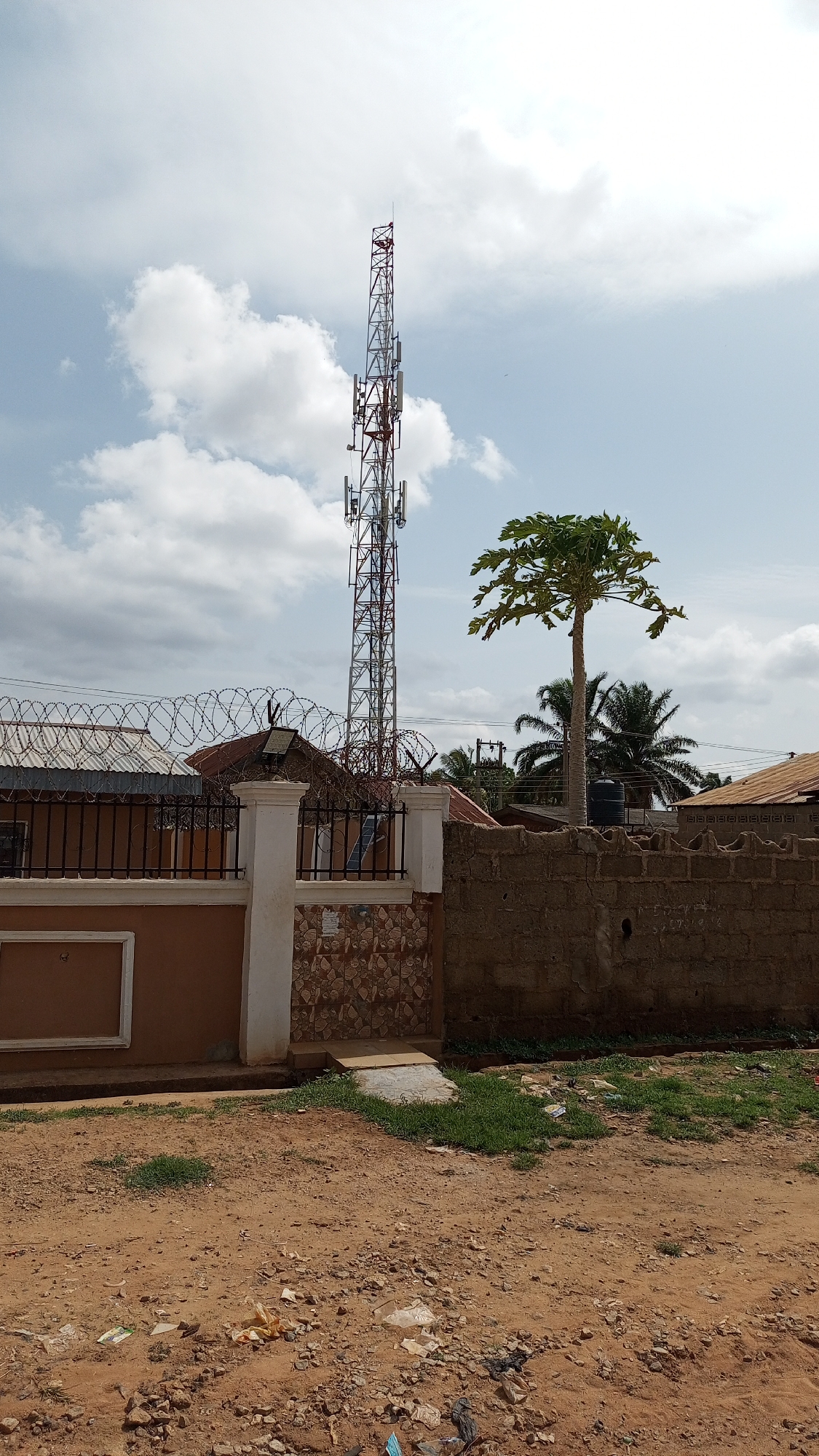 The image depicts an outdoor scene in Sabon Tasha, Nigeria. In the background, a tall, red and white telecommunications tower stands against a cloudy sky. A single papaya tree is seen adjacent to the tower. In the midground, a fence made of concrete pillars and metal bars topped with barbed wire separates a building from the unpaved, dirt foreground. The building behind the fence has a brown exterior with a tan border surrounding a recessed section. To the right of the fence, a brick wall borders another property. The foreground consists of dirt and scattered litter.