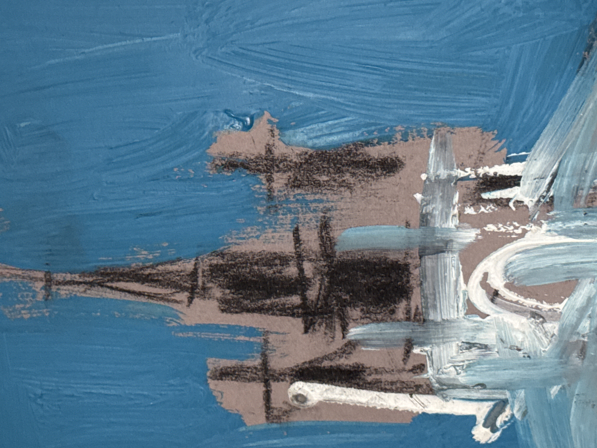 The image is an abstract painting with heavy brushstrokes. The predominant color is a medium blue, covering a large portion of the background. Overlaid on this blue are areas of brown, textured with black lines and strokes suggestive of a cross-hatched or grid pattern. There are also strokes of white and light blue paint, applied with thick impasto. The brushstrokes are mainly horizontal in the blue areas, giving the impression of a sky or water surface. The other colors are more haphazard, creating an impression of abstraction. The location in the city of Podgorica, Montenegro is not discernible from the visual content of the image.