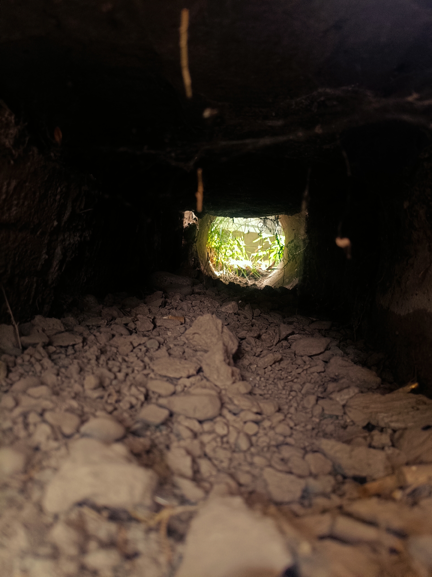 The image provides a low-angle, interior view of a dark, narrow passage or tunnel. The foreground is filled with loose soil and small rocks. The passage extends backward, narrowing to a circular opening at the far end. This opening reveals a brightly lit area outside, filled with green vegetation, suggesting sunlight filtering through. The walls of the passage appear to be rough and earthen. The overall impression is one of an underground or concealed space. The location in the city of Tash-Dobo, Kyrgyzstan, is mentioned, implying this passage is situated within that geographical area. There are no people or obvious signs of recent activity visible in the image.