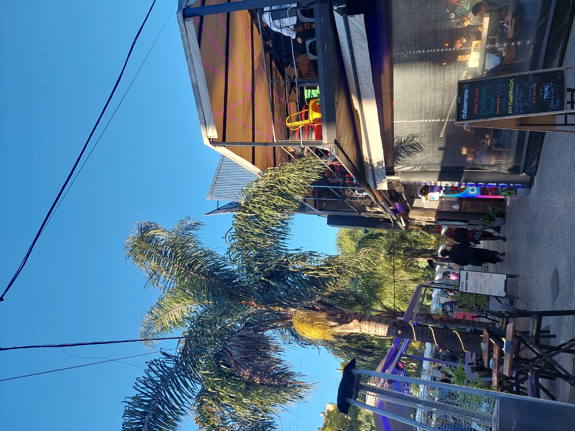 This outdoor shot portrays a restaurant scene in Buenos Aires, Argentina. The building features a two-story structure with a covered outdoor seating area visible on the upper level. Patrons can be seen seated inside. A palm tree with yellow blossoms partially obstructs the view of the restaurant.
A menu board placed by the street lists "Hamburguesa," "Ensalada Completa," and "Dintas de Cerveza" among the menu items. People are walking on the sidewalk. Outdoor tables and chairs are set up near the restaurant, with a visible heater for cooler evenings. The sky is clear and blue. Electrical wires run across the top-left section of the image.