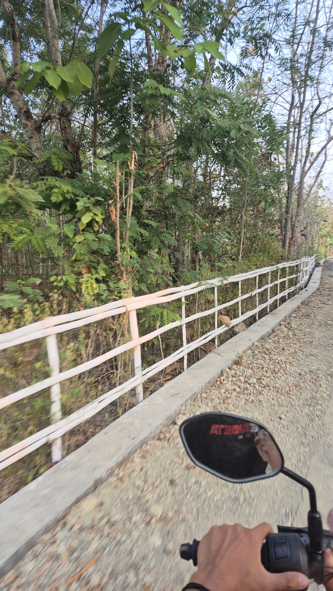 The image shows a first-person perspective of someone riding a motorcycle on a gravel road in Gambiranom, Indonesia. To the left of the road, there is a white metal fence, beyond which is dense green foliage and trees. The sky is visible through the trees. The motorcycle's rearview mirror is visible in the foreground, reflecting the rider's face and a red logo. The rider's left hand is on the handlebar. The overall scene depicts a rural or semi-rural environment.