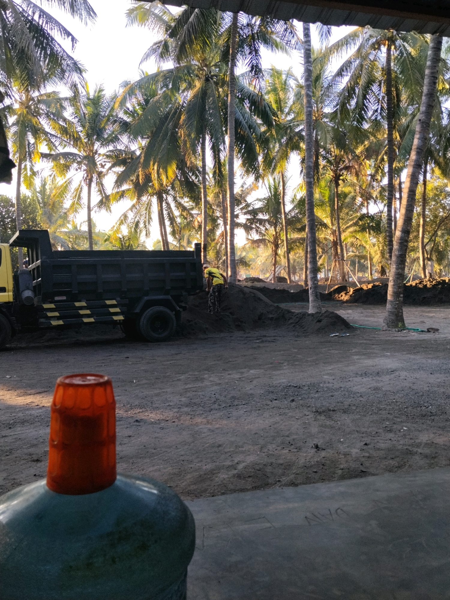 A yellow dump truck is parked on a dirt lot with a pile of black soil next to it. A person in a yellow shirt and dark pants is standing near the soil, appearing to be working. Several tall palm trees are in the background. In the foreground, a blurry orange cap sits atop a green bottle. The scene is illuminated by soft, natural light, suggesting it is either early morning or late afternoon. The overall setting appears to be an outdoor construction or landscaping site in a tropical environment.