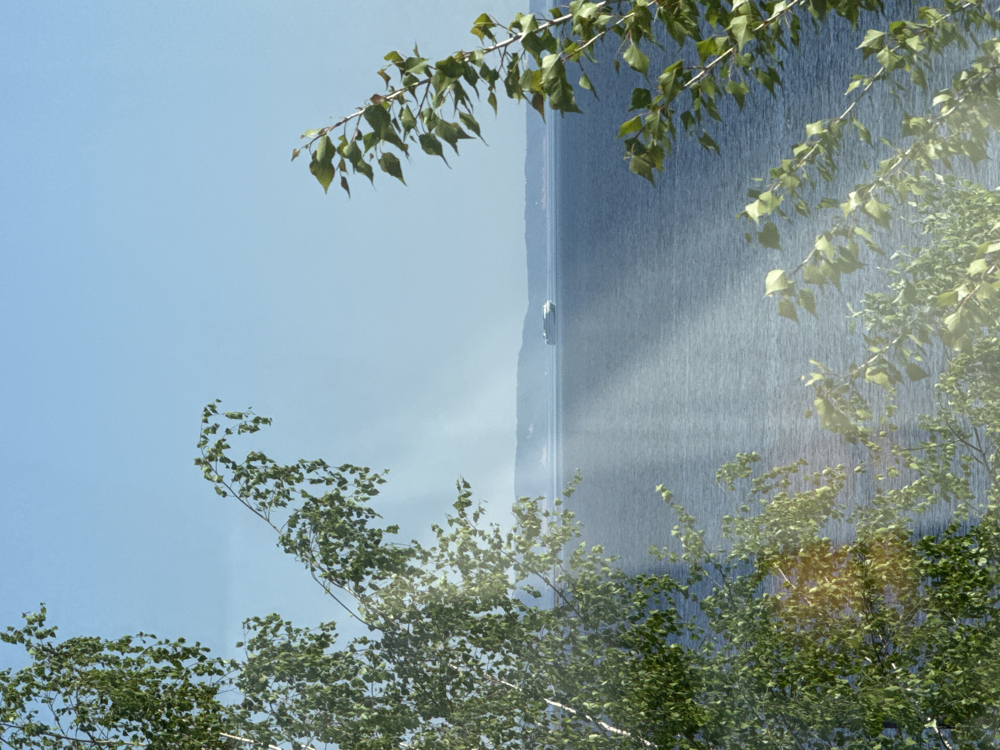 The image depicts a view looking up at a tall building in Chaikovsky, Russia, partially obscured by tree branches with green leaves in the foreground. The building has a reflective surface, and sunlight appears to be streaming down it. A tiny figure, possibly a worker, is seen on the building's facade. The sky is clear and blue.