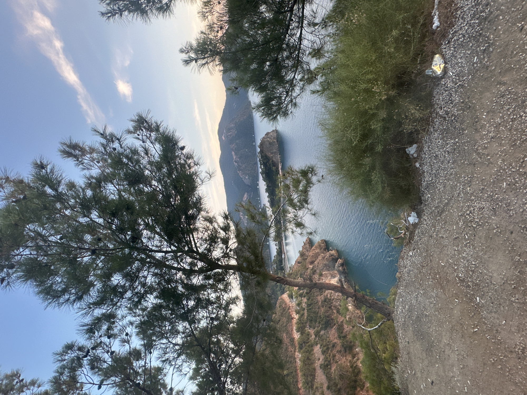 This image presents a stunning, elevated view of a coastal landscape in Fethiye, Turkey, captured during what appears to be late afternoon or early evening. The scene is framed by the dark green foliage of pine trees with visible needles and cones, reaching in from the left and top of the frame.
In the midground, a serene, blue-green body of water stretches out, likely the Mediterranean Sea, with a distinct rocky island or peninsula emerging from its surface. Beyond the water, a range of large, forested mountains rises steeply, their forms softened by atmospheric haze on the horizon. The sky above is a clear, light blue with delicate, wispy white clouds scattered across it, indicating fair weather.
The immediate foreground features a rustic gravel and dirt path along what appears to be a clifftop or high vantage point. Unfortunately, this area shows signs of human impact, with visible litter including several cigarette butts and a crumpled metallic wrapper. Faintly visible text "ES" can be discerned on the wrapper. To the left of the path, thick, low-lying green shrubs and vegetation grow, contrasting with the bare earth.
No people or specific activities are depicted, allowing the natural grandeur of the landscape to dominate the scene, albeit with the stark presence of discarded waste on the path. The soft lighting contributes to a tranquil yet melancholic atmosphere.