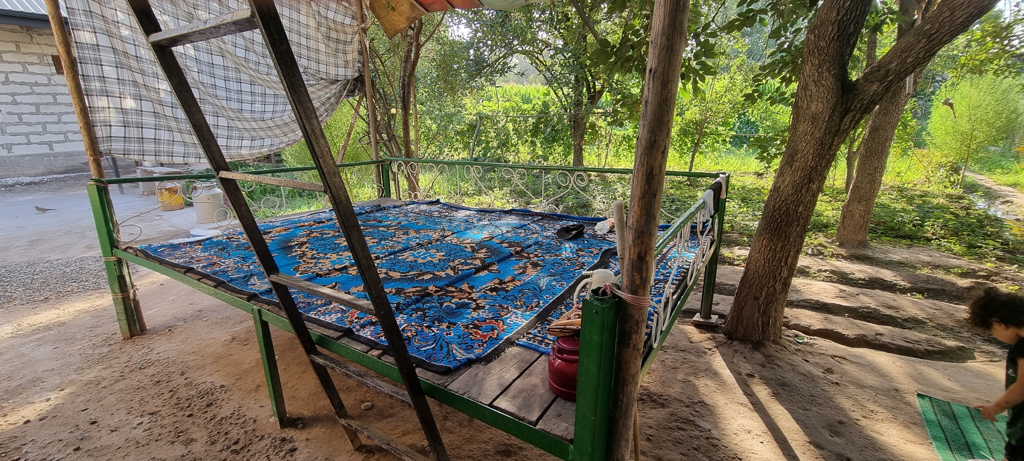 In Ҷомӣ, Tajikistan, a raised platform covered with a blue and brown patterned rug is situated outdoors. The platform, constructed with a green metal frame, has wooden planks as its base. A metal ladder leans against the left side of the platform. The area around the platform is sandy and dirt ground with scattered stones. Several trees with green foliage are visible in the background, suggesting a natural or semi-rural environment. There are also some structures made of brick visible to the left. A small child with dark curly hair is partially visible on the right side of the image, interacting with a green mat on the ground. Other objects on the platform include a red container, a white jug with a spout, and a bottle. The scene is illuminated by natural sunlight, casting shadows from the trees and the platform structure.