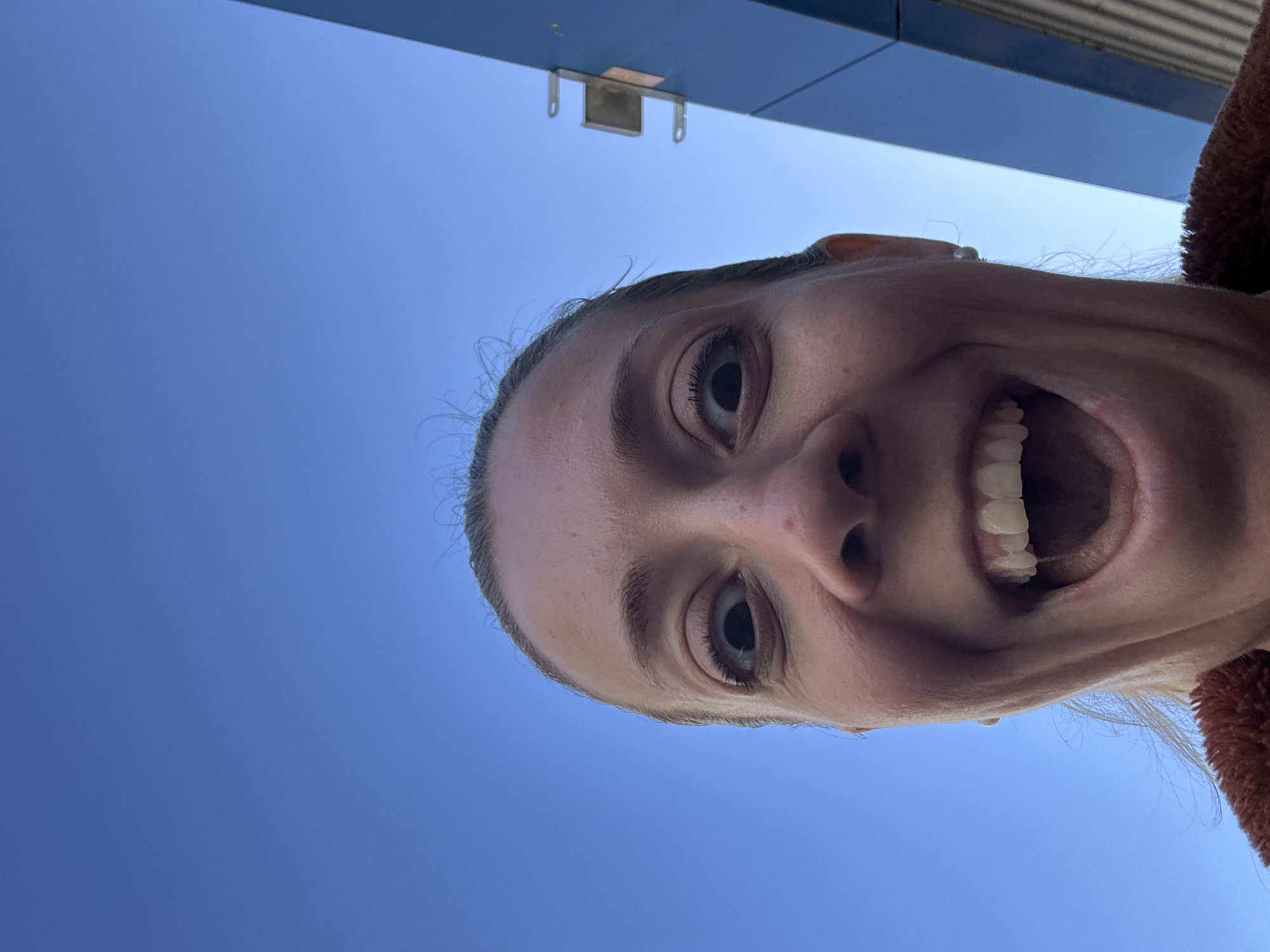 A low-angle, extreme close-up selfie captures a person, likely female, looking directly into the camera from an overhead perspective. Her face is upside down in the frame, dominated by a wide, open-mouthed smile that reveals a full set of teeth, conveying an expression of joy, surprise, or excitement. Her eyes are wide open, and she has light-colored irises. Hair, possibly blonde or light brown, is visible around her head, and some wisps appear against the sky. A fluffy, reddish-brown garment, possibly part of a coat or sweater, is visible on her right side.
The background is a clear, bright blue sky, indicating a sunny daytime setting with no clouds. Above and behind the person's head, a section of a dark blue, possibly metallic or painted, architectural structure is visible, which could be an awning or part of a building facade. Attached to this structure is a small, silver-colored metal bracket with two circular loops. The unusual perspective and vibrant expression create a dynamic and playful portrait. While the image does not contain specific Amsterdam landmarks, the outdoor setting and clear weather are consistent with a daytime scene in the city. No text is visible in the media file.