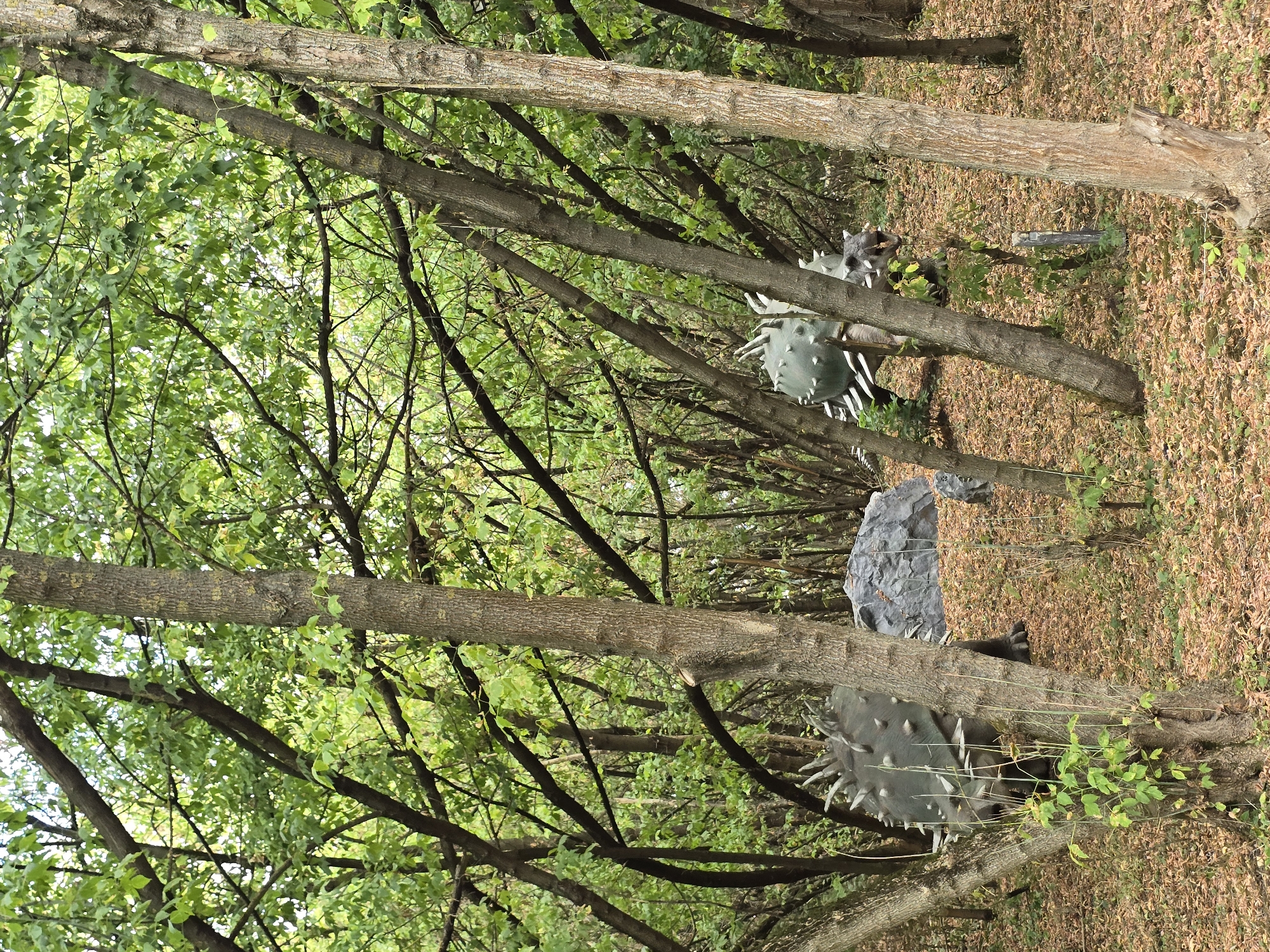 This is a photograph of a park-like setting with trees and fallen leaves on the ground. In the foreground, two dinosaur models are visible among the trees. The dinosaur on the left is a dark gray, rounded figure with prominent spikes along its back and sides. A large gray rock is situated behind it. To the right, another dinosaur model is partially visible, with its head and a spiked back facing the viewer. The background consists of dense trees with green foliage, creating a somewhat shaded environment. The ground is covered with a thick layer of brown and orange fallen leaves. The overall impression is of a simulated prehistoric scene within a wooded area. This scene is located in the DinoPark Vyškov, a dinosaur park situated in Vyškov, Czechia.