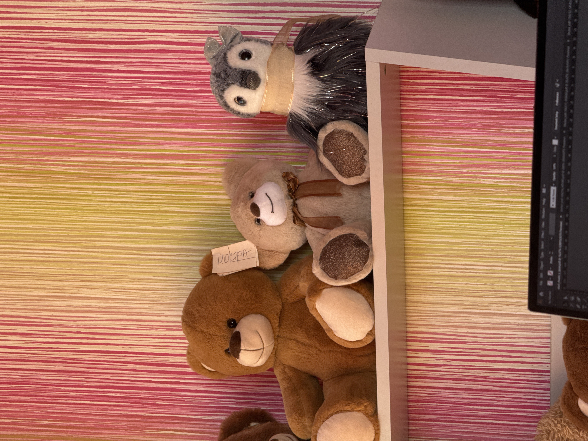 The image shows a shelf unit with three stuffed animals. The top stuffed animal appears to be a gray hedgehog with a tan collar. Beneath it is a tan teddy bear with a brown ribbon. The bottom stuffed animal is a brown teddy bear with a white tag that has illegible writing on it. The background consists of a horizontal striped wall, with colors ranging from pink to yellow. A portion of a computer monitor is visible on the right side of the image. The location is Unknown, Bulgaria.