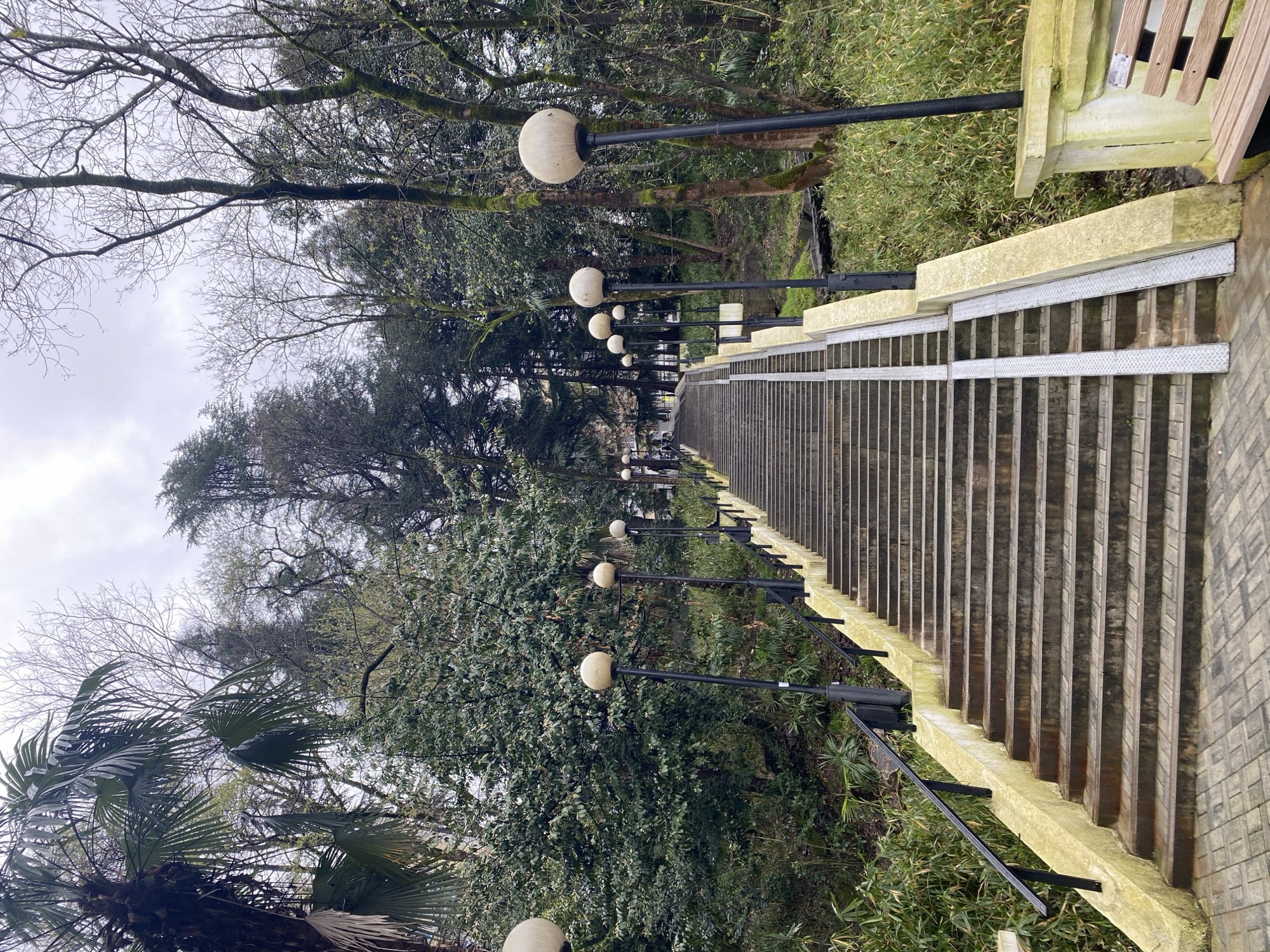 The image shows a long staircase in Sochi, Russia, characterized by its steep incline and numerous steps. The stairs are flanked by vintage lamp posts with spherical lamps, and lush green vegetation grows on either side. The sky is overcast, suggesting a cloudy day. The stairs appear to be made of concrete with metal accents, and the overall environment suggests a park or garden setting. The image captures a scenic, though slightly weathered, urban landscape.