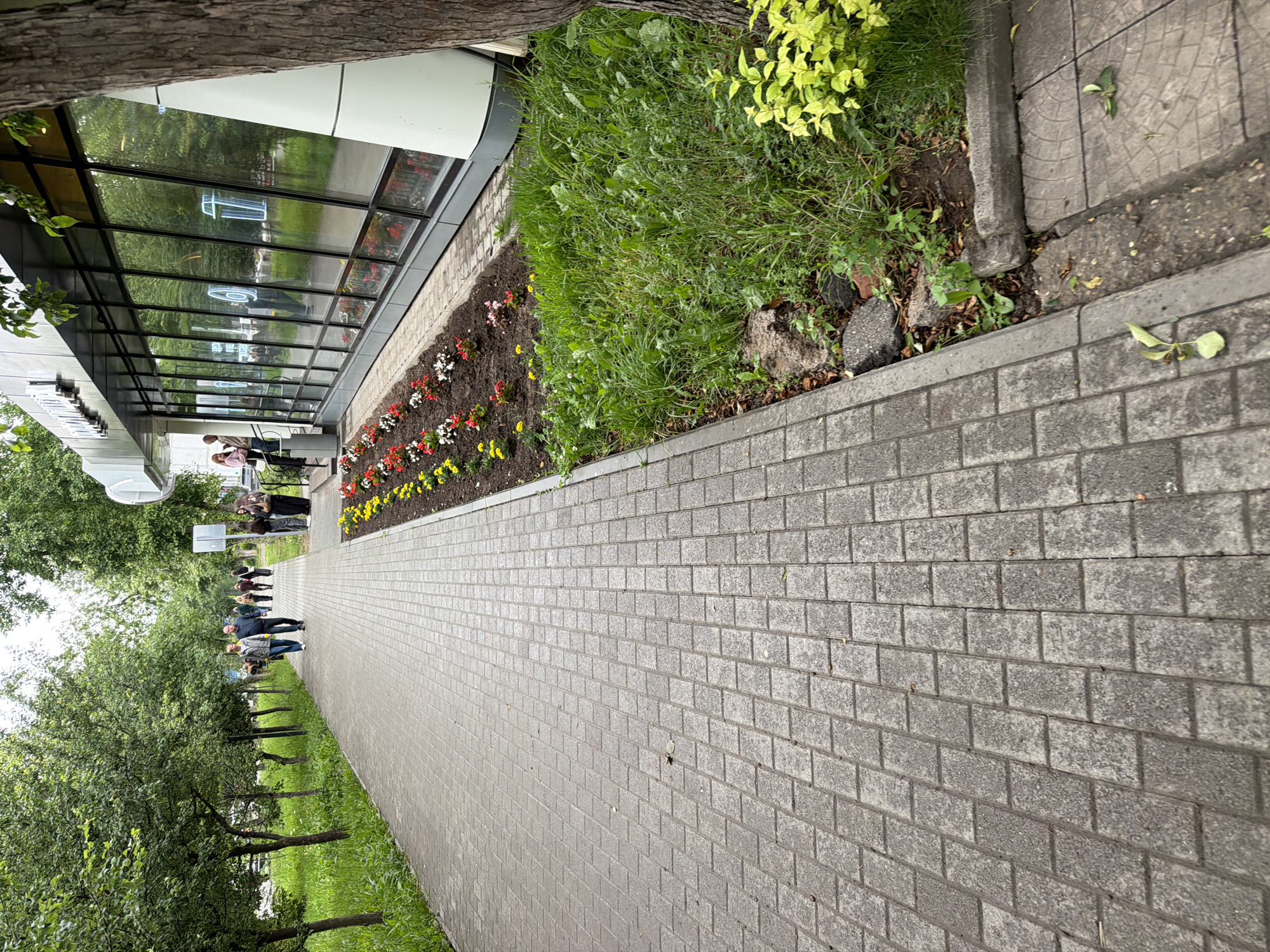A paved walkway lined with trees runs alongside a building with large, reflective windows. A flower bed with red, yellow, and white flowers is situated between the walkway and the building. Several people are walking on the pathway, some in small groups. Green grass and a few small bushes grow along the edge of the walkway and next to the building. The overall scene depicts a typical urban environment in Chaikovsky, Russia, on a cloudy day.