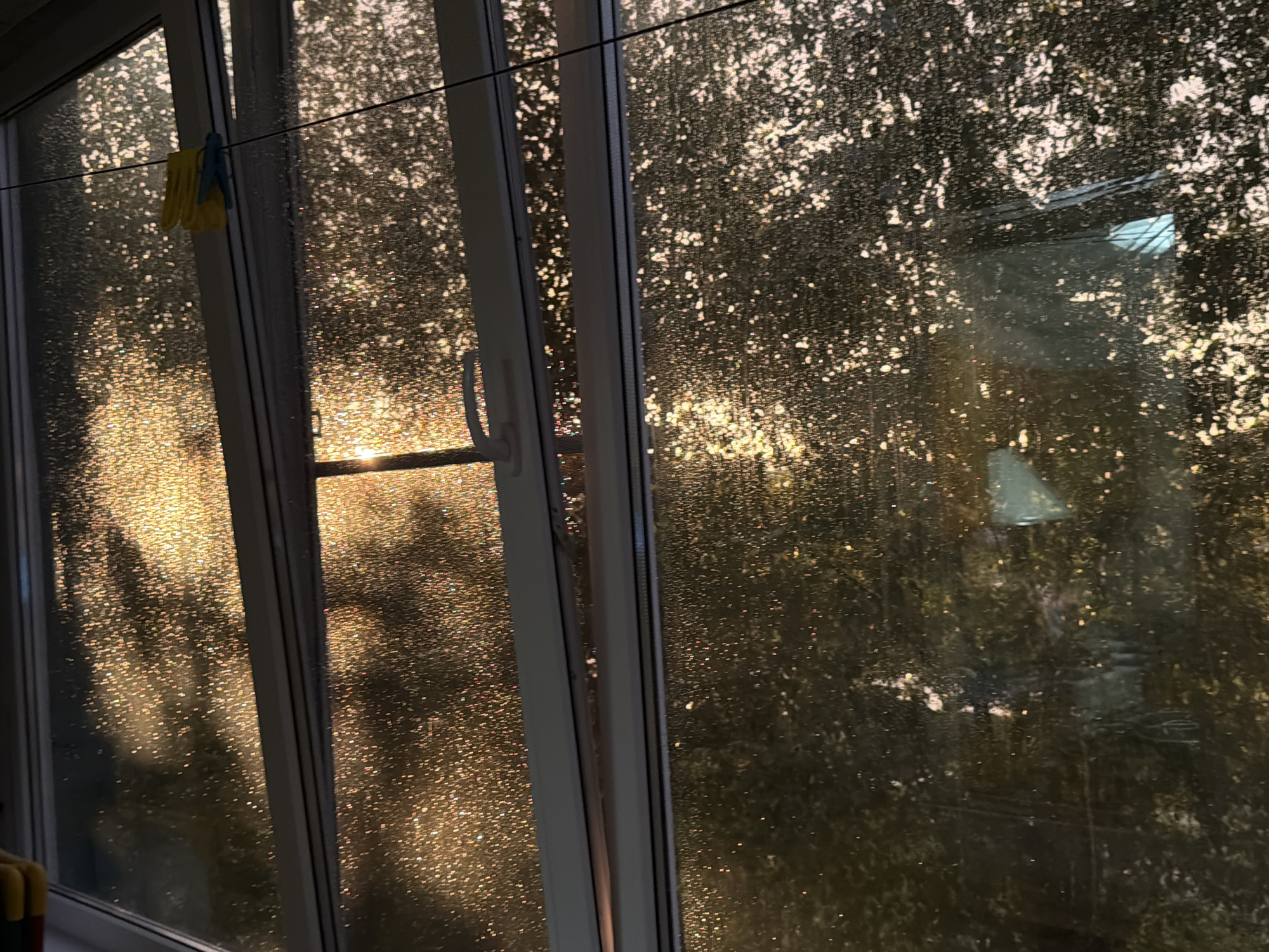 The image depicts a window with condensation or water droplets on the glass, illuminated by the golden light of a sunset. Through the window, the faint silhouettes of trees and the sky can be seen. A clothesline with a yellow clothespin is visible on the left side of the window frame. The setting appears to be domestic, possibly a residential building in Zavodoukovsk, Russia, given the context provided. There are no people visible in the image, and no specific actions or interactions are taking place. The overall mood is serene and evocative of the end of the day.