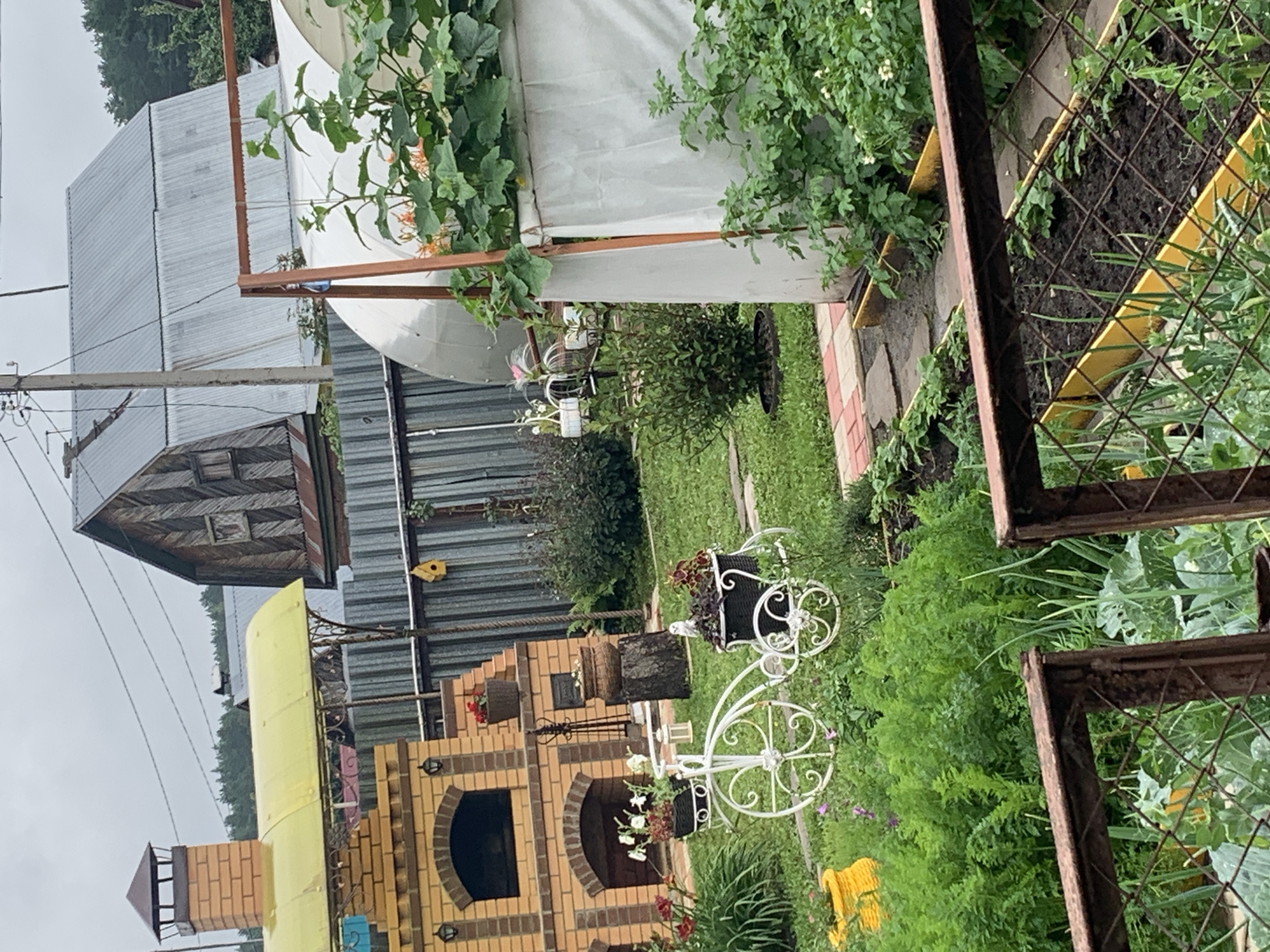 The image depicts a rural backyard scene, likely in Dubnik, Russia, on an overcast day. In the foreground, a rustic metal fence runs across the bottom of the frame, partially obscuring a garden with raised beds containing young plants, possibly onions and cabbage. Behind the fence, a well-tended garden features lush green foliage, including what appears to be a carrot patch. A white, decorative metal bicycle serves as a planter, holding various flowers and a small bird figurine.
To the left, a brick barbecue grill with a yellow canopy is visible. Further back, a metal fence separates the yard from neighboring properties. Beyond the fence, a large greenhouse or polytunnel stands, covered in white material. Two rustic wooden buildings with corrugated metal roofs are situated in the background. The sky is cloudy, contributing to a muted color palette throughout the scene. There are no people or animals actively engaged in any actions, but the presence of a birdhouse on the fence suggests the possibility of avian visitors. The overall impression is one of a lived-in, cultivated outdoor space.