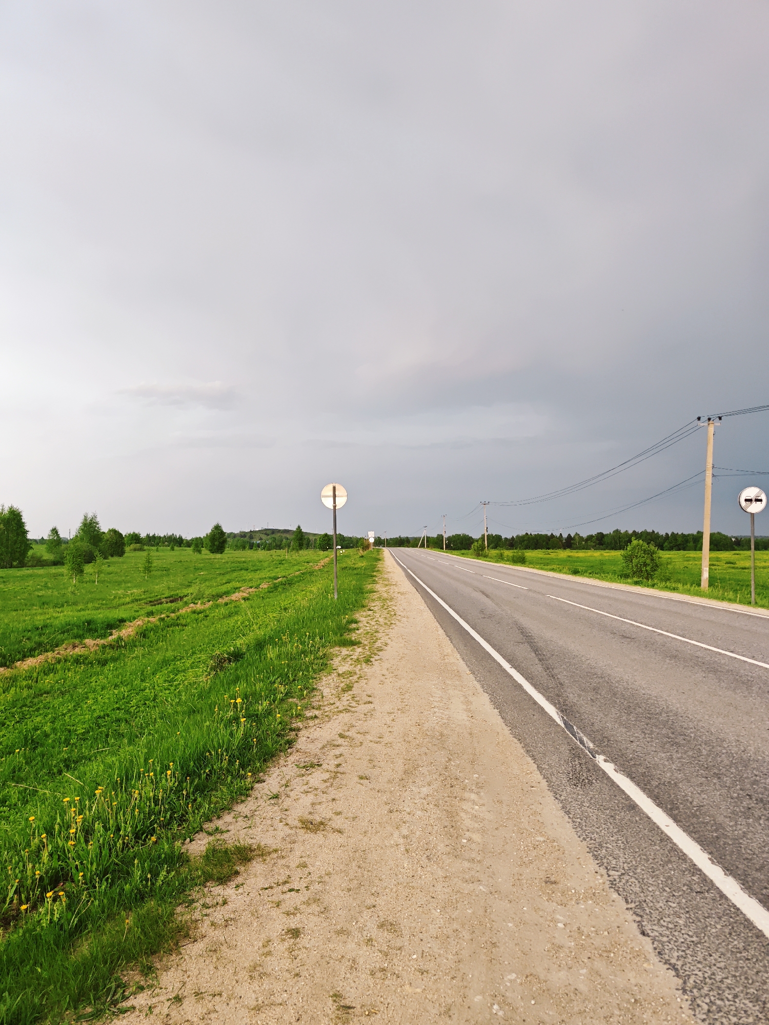 The image depicts a rural road in Курово, Russia. The asphalt road has white lane markings and is flanked by a sandy shoulder. To the left of the shoulder is a green field with scattered vegetation, including what appears to be grass and dandelions. In the distance, there are trees. Telephone poles run along the right side of the road, and road signs are visible on both sides. The sky is overcast with a grey color, suggesting an overcast day. There are no people or vehicles visible in the image.