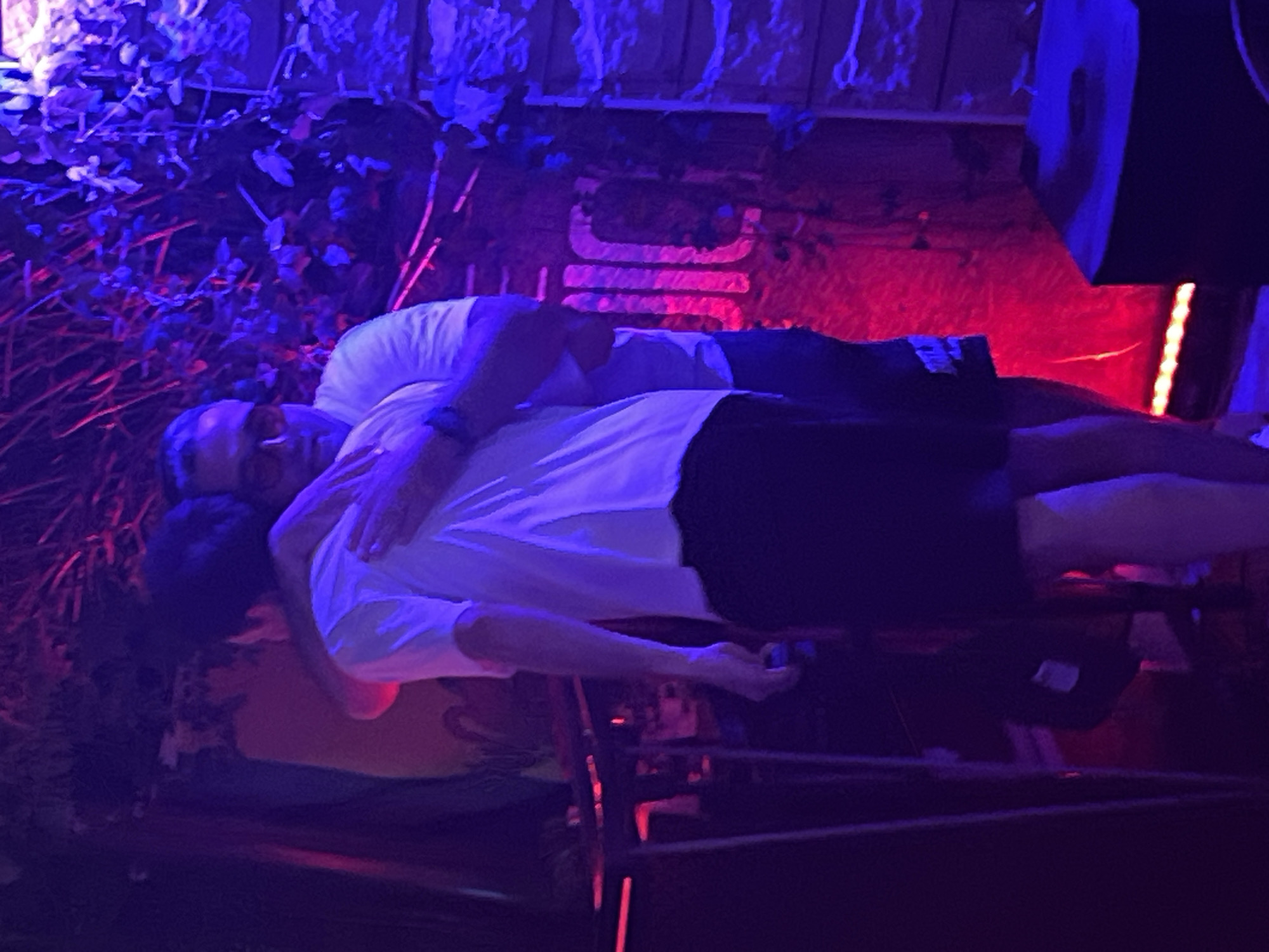 Two individuals are embracing in a dimly lit, outdoor environment, illuminated by purple and red lights. The person on the right, wearing a white t-shirt and dark shorts, has their arms around the person on the left. The person on the left, partially obscured, also appears to be wearing a white t-shirt and dark shorts. In the background, there is foliage, a wooden structure with what appears to be illuminated lettering, and some audio equipment. The scene suggests a nighttime gathering or performance, potentially at a bar or music venue. The location is identified as Herceg Novi, Montenegro.
