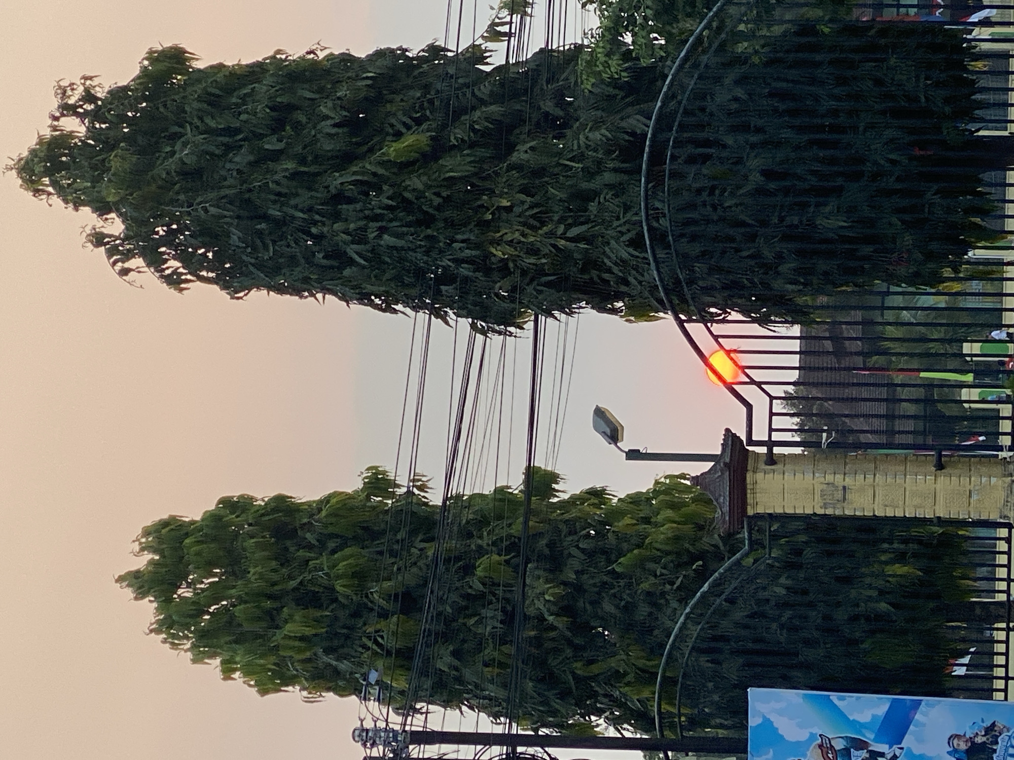 The image depicts a sunset scene in Kasihan, Indonesia, with two tall, slender trees framing a black metal gate and a yellow brick pillar. The sky is a pale orange, indicating twilight. A bright orange orb, presumably the sun, is visible through the branches of the tree on the right, just above the gate. Overhead, a network of electrical wires crisscrosses the frame. A street lamp is mounted on a pole to the left of the pillar. A large banner with colorful graphics and text is affixed to a pole on the left side of the image, partially obscuring the tree on the left. The gate appears to be the entrance to a property, with the suggestion of buildings and flags visible in the background through the gate. The overall atmosphere is serene, with the warm tones of the sunset creating a peaceful ambiance.
