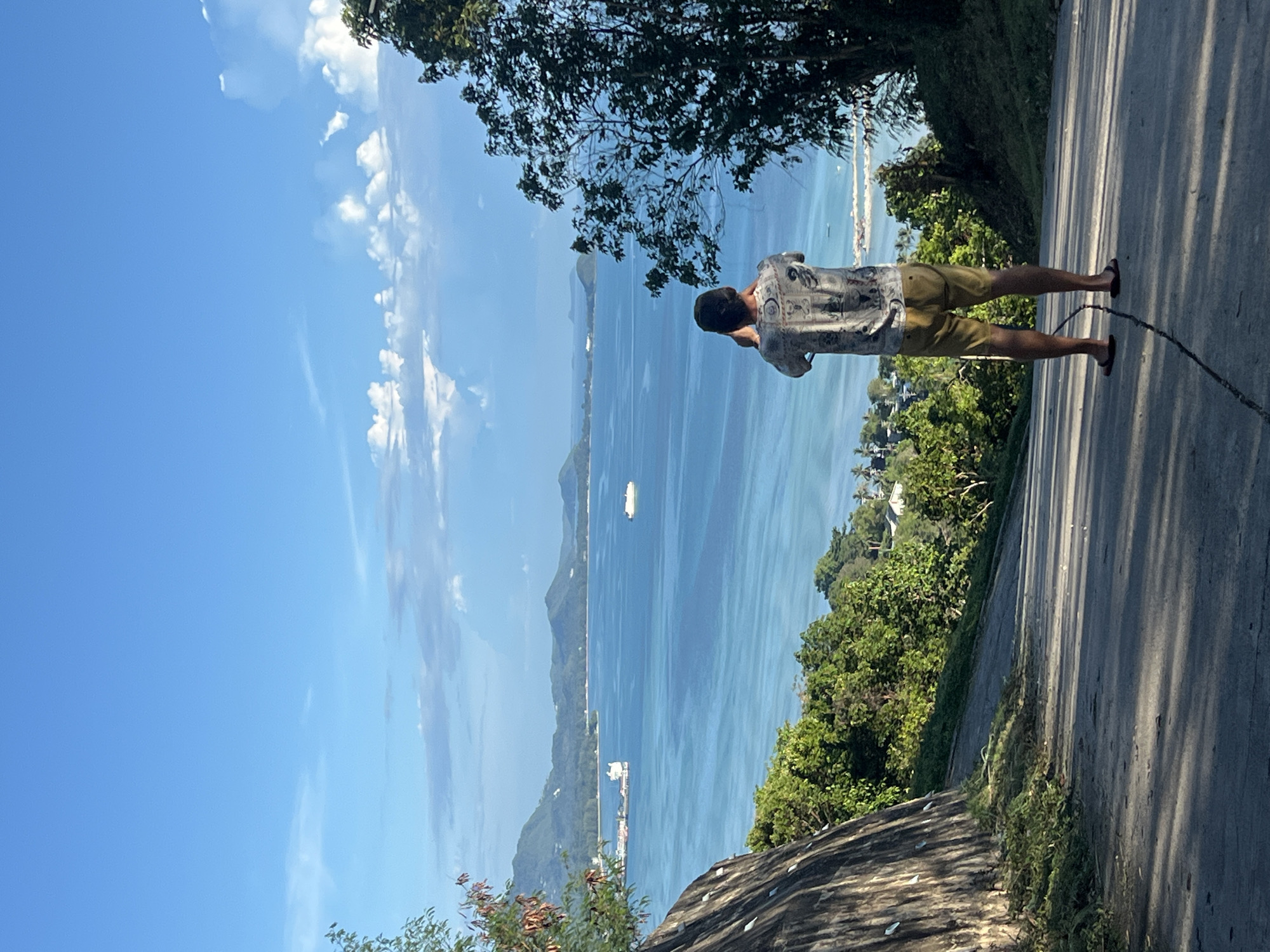An over-the-shoulder shot captures a man from the back, wearing a patterned short-sleeved shirt and khaki shorts, standing on a paved path that slopes downhill. He is holding a phone to his face, appearing to take a photograph or video. The path is illuminated by dappled sunlight, casting long shadows. To the left, a large, weathered rock formation dominates the foreground. Lush green trees and foliage line the sides of the path and the distant landscape.
Beyond the immediate surroundings, a vast expanse of turquoise ocean stretches towards a horizon dotted with islands and mountains. Several boats, including a larger vessel near a pier and a smaller one in the distance, are visible on the water. The sky is a clear blue, with scattered white clouds. The scene suggests a scenic overlook with a panoramic view of the coast.