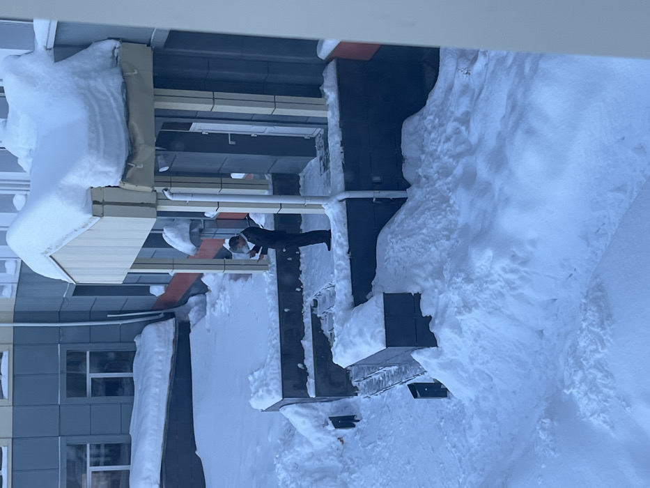 An aerial shot depicts a snow-covered scene. A person in a dark suit and light-colored headwear stands on a snow-covered balcony, appearing to be focused on something at hand. Snow is heavily accumulated on the building's ledges and surfaces, transforming its appearance. The scene suggests a cold, snowy environment and possibly the aftermath of a significant snowfall.