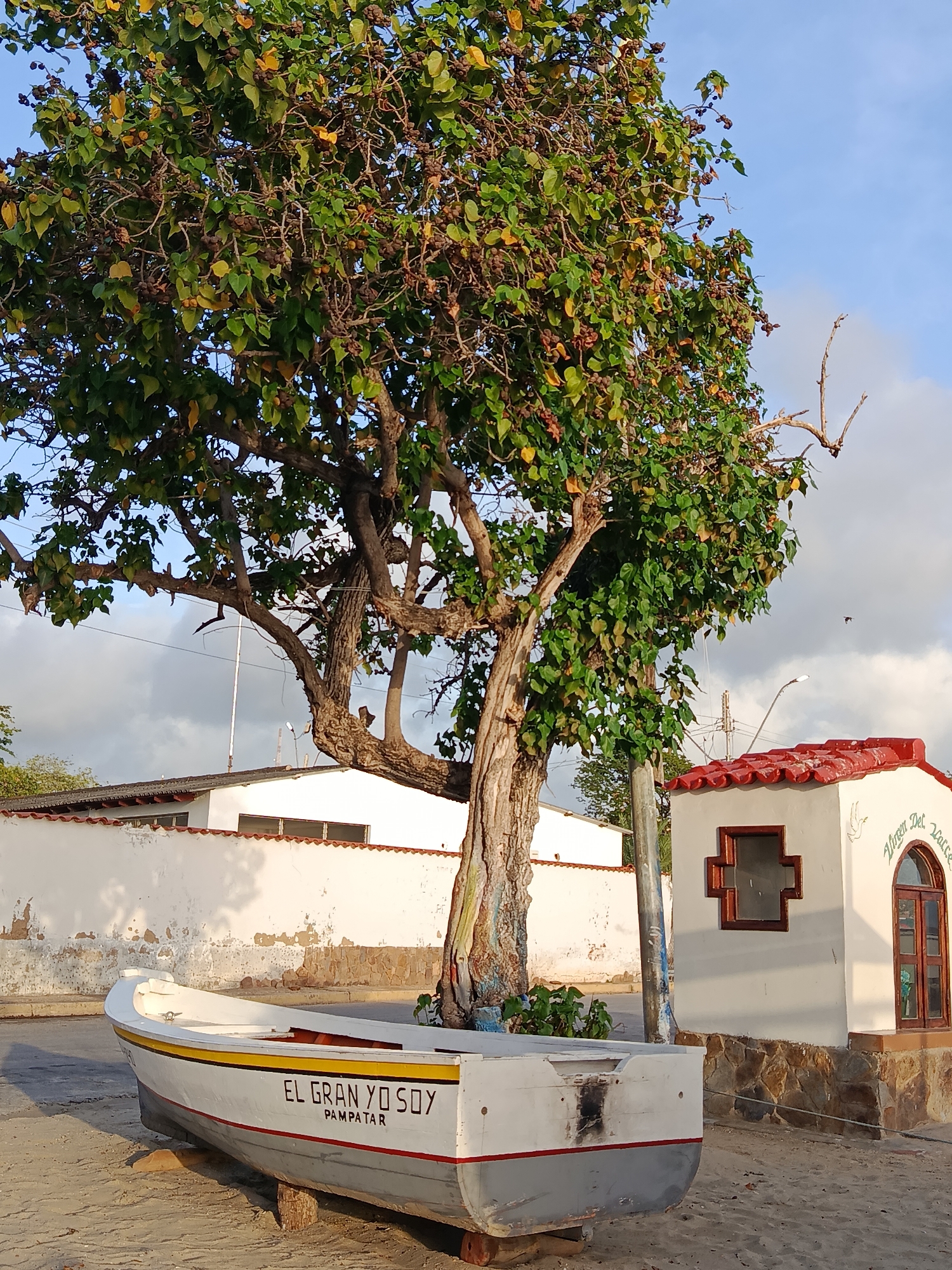 The image depicts a scene in Juan Griego, Venezuela, featuring a small white boat with the words "EL GRAN YO SOY PAMPATAR" written on its side in black and yellow lettering. The boat is resting on sandy ground, supported by two wooden blocks. To the right of the boat is a small white building with a red tiled roof and a wooden cross-shaped window. Above the window, the text "Virgen del Valle" is written in cursive script, accompanied by an image of a dove. A large tree with green leaves and visible branches is positioned behind the boat and to the left of the building. In the background, a long white wall with a red-tiled top runs horizontally across the frame. The sky above is partly cloudy with a clear blue expanse. A street lamp is visible near the building, and power lines are strung across the scene. The overall environment appears to be an outdoor setting, possibly near a coastal area given the sandy ground and the presence of a boat.