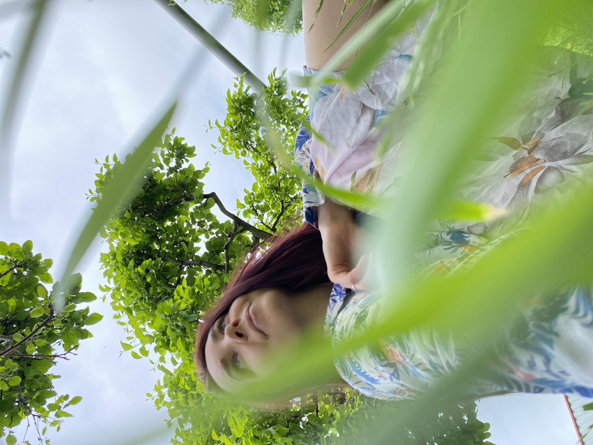 An outdoor scene, likely taken in Chaikovsky, Russia, is captured from a low-angle perspective, looking upwards through foreground foliage. The image depicts a woman with long, dark reddish-brown hair and light-colored eyes, positioned in the lower-left and central part of the frame. She is wearing a light-colored, patterned shirt featuring floral or tropical motifs in shades of white, blue, pink, and brown. Her face is turned slightly upwards with a neutral, perhaps thoughtful, expression.
Lush green tree leaves frame the upper and right portions of the sky, which appears bright and overcast, indicating daytime. In the immediate foreground, blurred blades of green grass or thin plants extend from the bottom and across the left side, partially obscuring the view and creating a sense of depth, suggesting the camera is placed amidst vegetation. A slender, light-colored pole or structure is visible in the upper-right background, extending diagonally. There is no discernible specific activity, rather a static portrait within a natural setting. No text is visible.