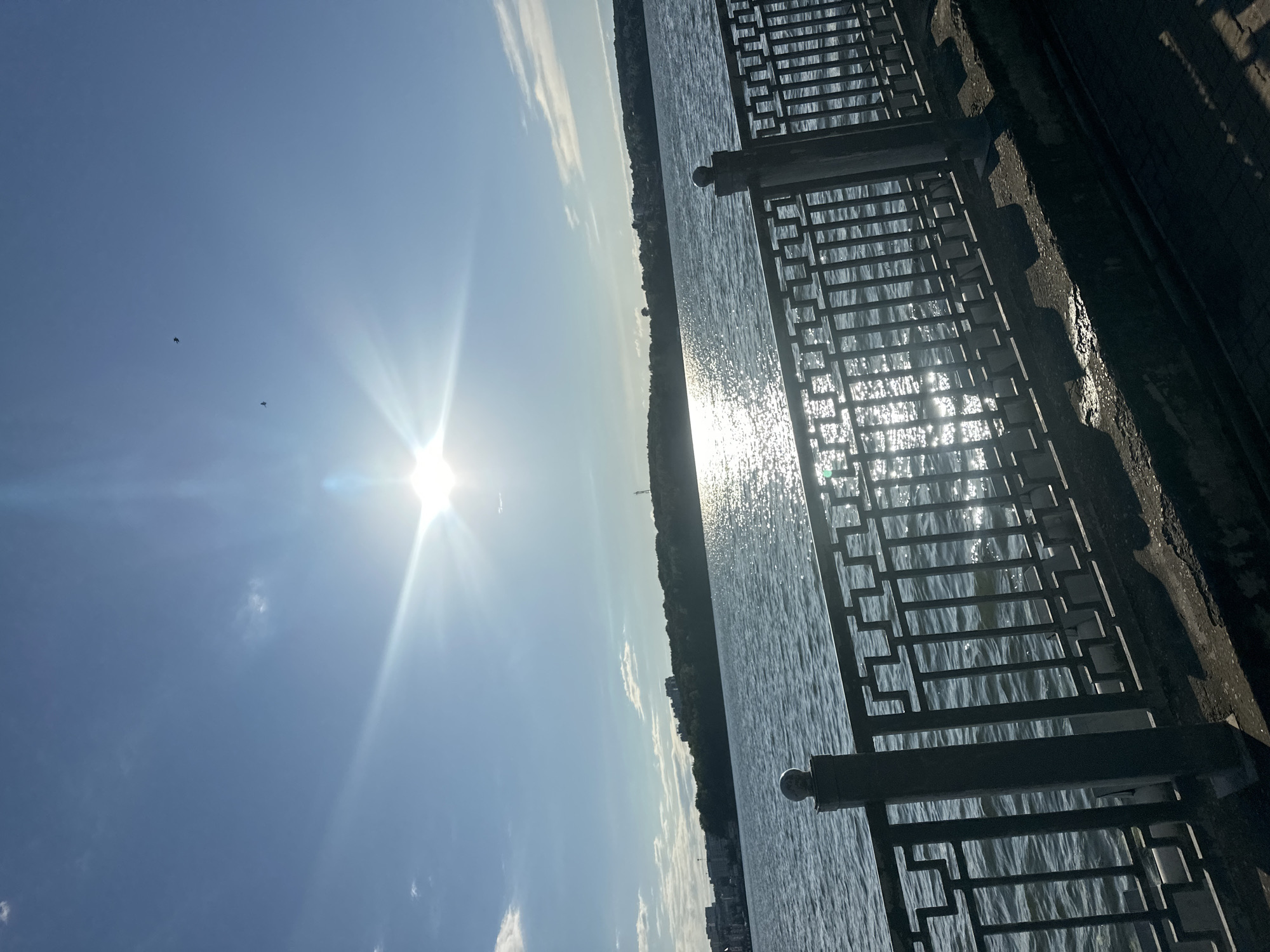 The image captures a bright, sunny day with a clear blue sky and a few wispy clouds. The sun is a prominent feature, emitting strong rays that create lens flare and reflect off the water. In the distance, a thin strip of land is visible, appearing to be a shoreline lined with trees and some buildings. The water itself is calm, with ripples catching the sunlight.
In the foreground, a dark, ornate metal fence runs along the edge of what appears to be a walkway or embankment. The fence has a patterned design with horizontal and vertical bars and decorative elements. Sunlight casts shadows from the fence onto the ground beside it. The overall scene suggests an outdoor setting, possibly a waterfront promenade or park.
There are two small, dark silhouettes of birds flying in the sky. The time of day appears to be late morning or early afternoon, given the angle and intensity of the sun. The weather is clearly sunny and fair. The image is taken from a low angle, looking out towards the water and the horizon. The rotation of the image suggests it may have been taken while held vertically. No text is visible in the image. The location is identified as Ternopil, Ukraine.
