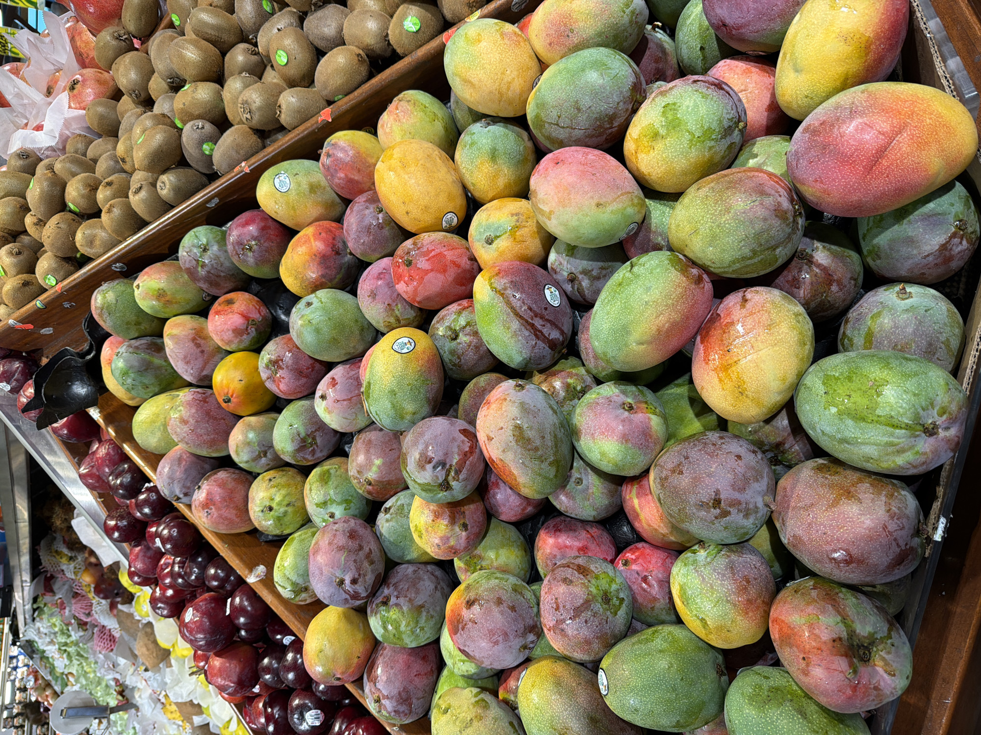 The image shows a retail display in Niles, United States of America. The display consists of three tiered shelves arranged from top to bottom. The top shelf is filled with kiwis; the middle shelf holds a large number of mangos, displaying a variety of green, yellow, and red hues; the bottom shelf has an assortment of dark red plums. Each fruit is clearly visible, and the arrangement appears to be for retail sale.