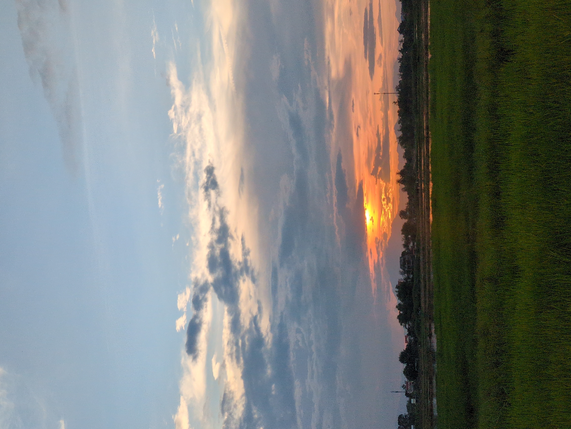 The photograph captures a sunset over a rural landscape in Hoi An, Vietnam. In the foreground, a lush green rice field fills the lower half of the frame. Beyond the field, a line of trees and buildings, characteristic of a Vietnamese village, stretches across the middle ground. A water channel or flooded paddy field reflects the vibrant colors of the sky. The sky itself is a dramatic display of an approaching sunset, with the sun partially obscured by clouds, casting an orange glow. The upper portion of the sky transitions from pale blue to shades of orange and grey where the clouds are most dense. A solitary cell tower is visible on the horizon, amidst the trees. There are no people or animals present in the image.