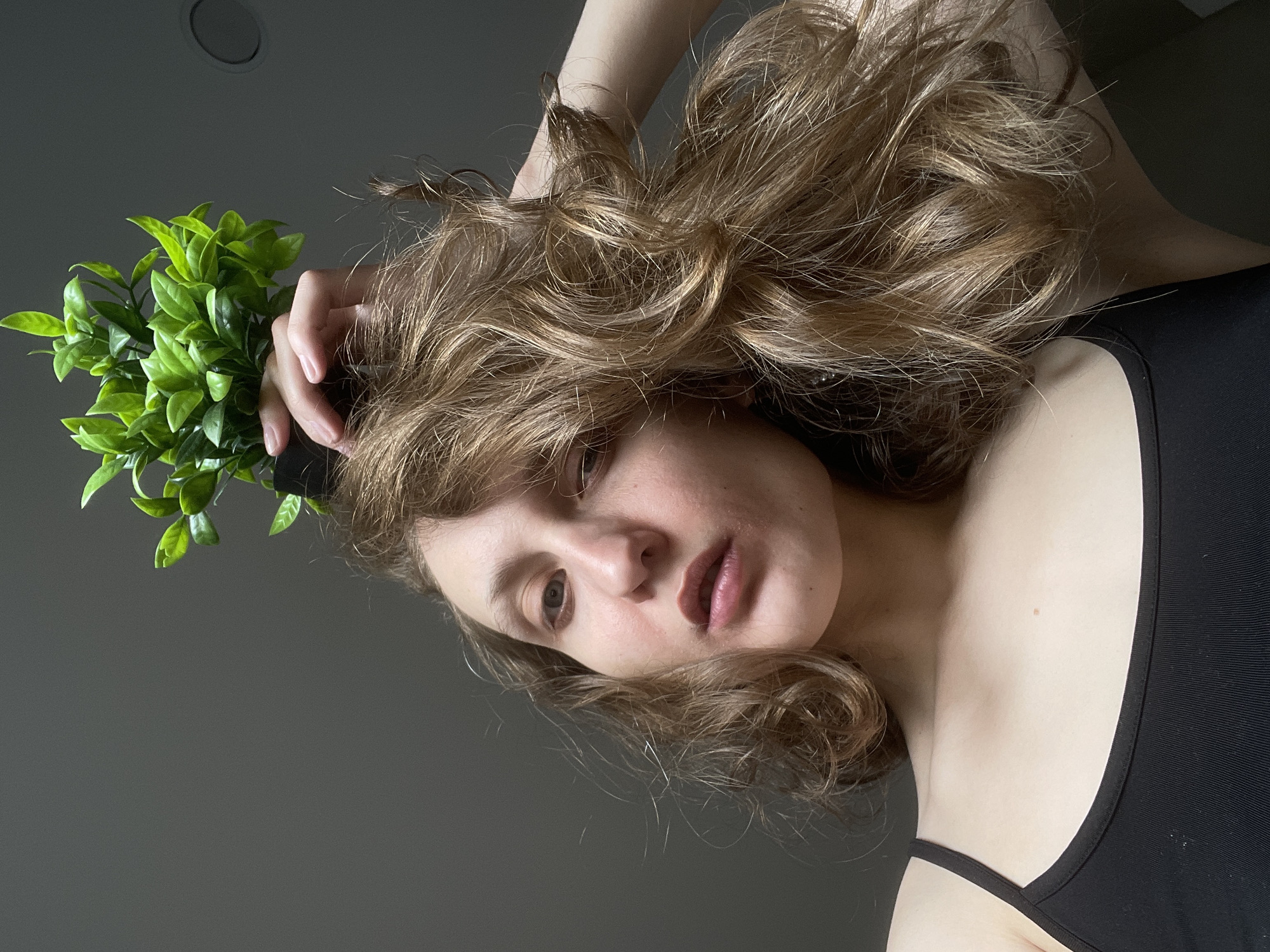 The original image is a medium close-up, horizontally oriented portrait of a person, likely female, lying down and looking upwards towards the camera. The subject's head is positioned on the left side of the frame, with their body extending to the right.
The person has long, wavy, light brown hair that spreads out around their head. They are wearing a black tank top or camisole, visible on the right side of the image. Their right arm is raised, holding a small artificial plant with numerous bright green leaves near the top of their head.
The subject looks directly at the camera with a neutral to slightly pensive expression, their lips slightly parted. Their skin appears clear, and their eyes are a dark, unidentifiable color.
The background is a plain, light grey surface, likely a wall or ceiling. A circular recessed light fixture is visible in the upper left portion of the background. There are no other discernible objects or details in the background. The lighting appears soft and even, suggesting an indoor setting. No text is visible in the image.