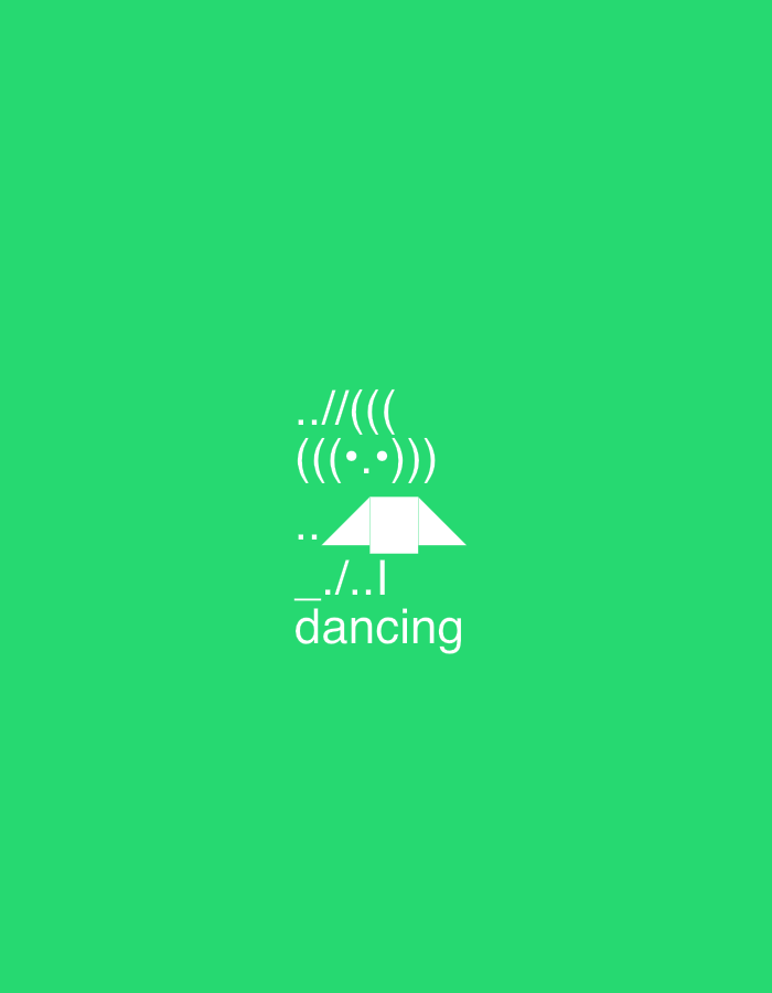 The image is a screen capture from a Vine video, featuring white text and ASCII art on a vibrant green background. At the top, there are three lines of text or stylized characters: "..////((((", "(( (• :•) ))", and "__. /..I dancing". Below this, there is a simplified, white geometric representation of a tent or canopy. The text "dancing" is the most prominent and clearly legible word. The scene is devoid of any urban environment or specific geographical markers, and therefore cannot be associated with Yerevan, Armenia.