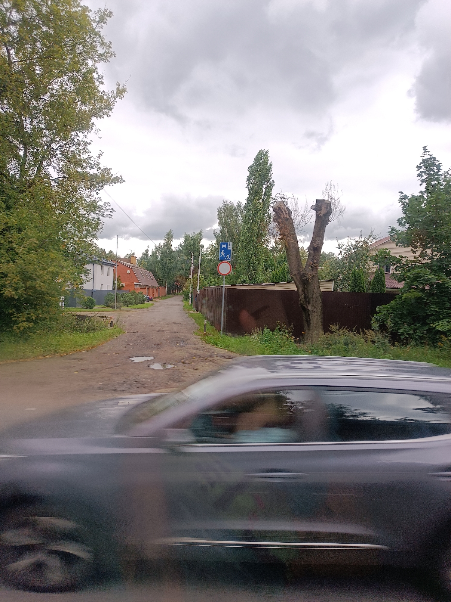 The image captures a blurred view from inside a vehicle moving along a rural road in Malakhovka, Russia. The road surface is wet and shows signs of disrepair with puddles. On the left side of the road, there are houses and trees. On the right side, a brown fence runs alongside the road, with more trees and houses visible beyond it. A blue sign indicating a pedestrian crossing and a circular red and white sign are posted on the right. The sky is overcast with grey clouds. The foreground is dominated by the blurred side of a dark-colored car, with reflections of trees and sky visible on its surface. The motion blur suggests the photograph was taken while the vehicle was in transit.