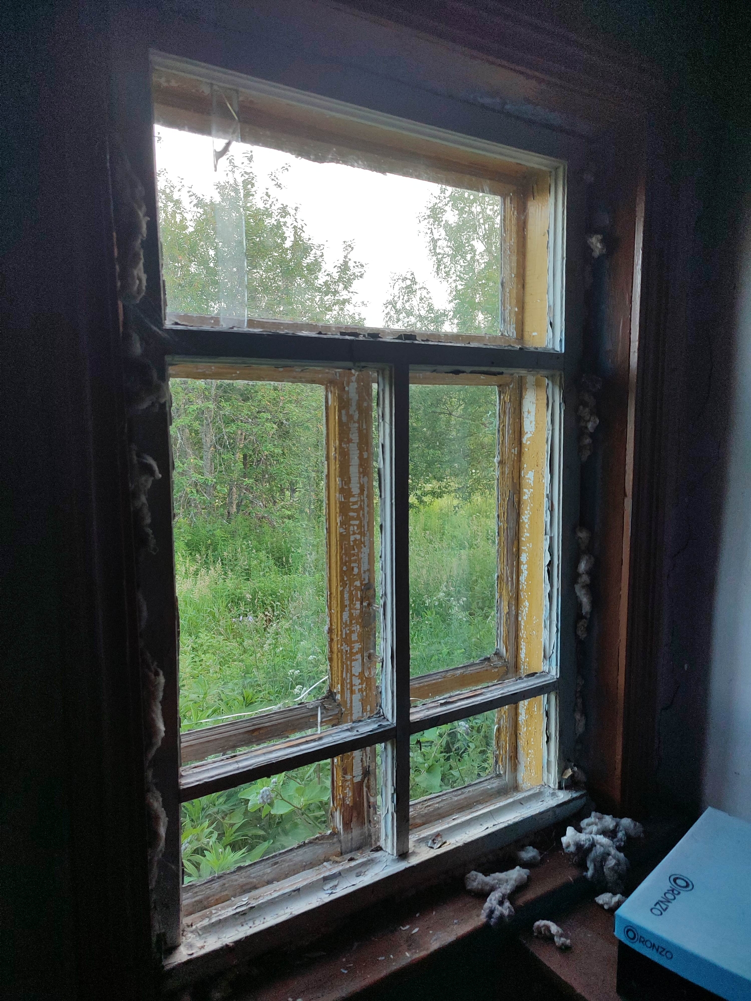 The image shows an interior view of a dilapidated wooden window frame, likely in a building in Gremyachinsk, Russia. The window has multiple panes, with some of the glass broken or missing, and the wooden frame itself is peeling and worn. Through the window, a dense, overgrown natural landscape with green foliage and trees is visible. The windowsill is cluttered with insulation material and a light blue box with the logo "RONZO". The overall scene suggests neglect and decay.
