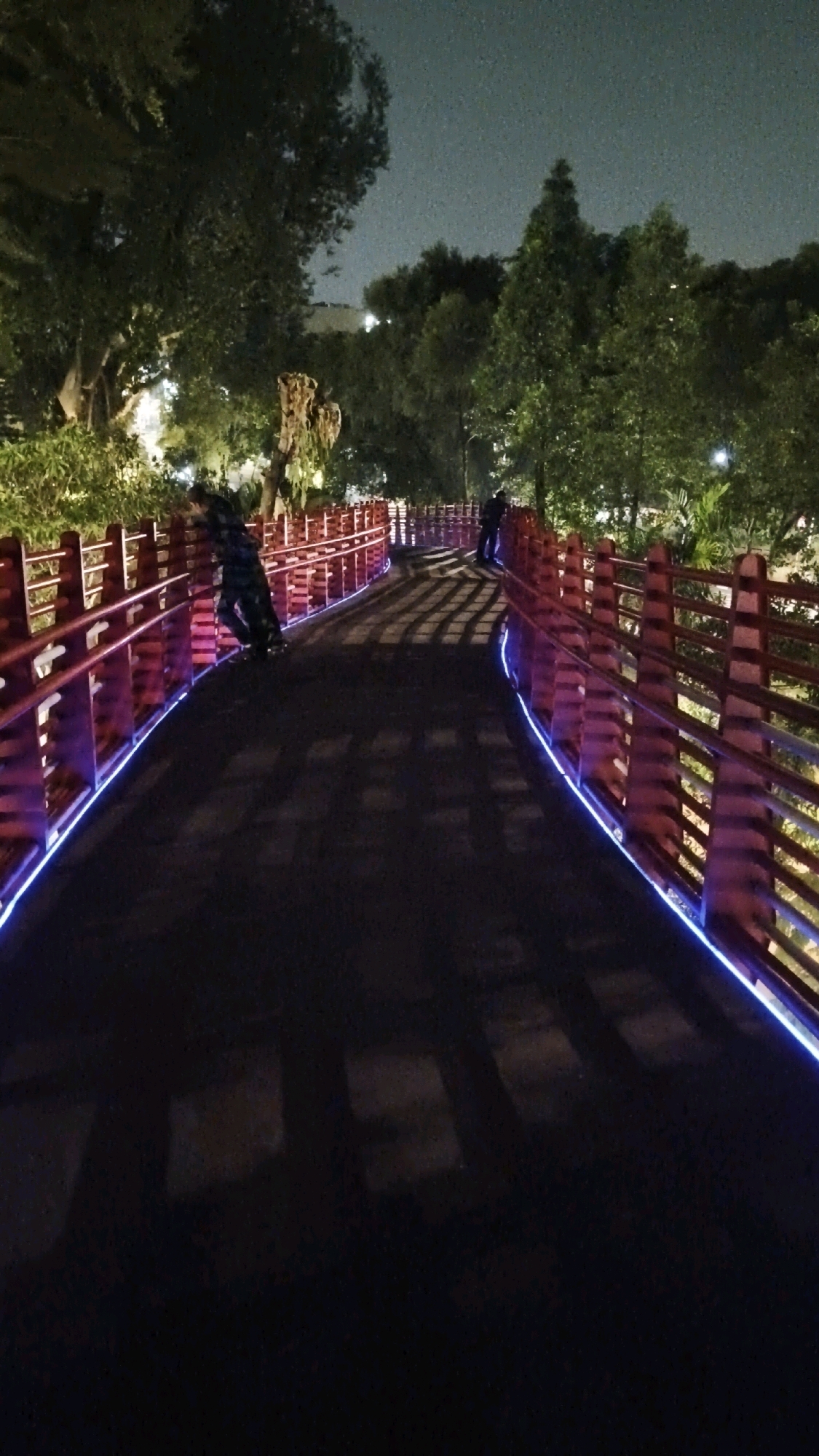The image captures a nighttime view of a red-railed bridge in South Jakarta, Indonesia. The bridge is illuminated by purple and blue LED lights along its edges, casting colorful reflections on the dark pathway. Two individuals are visible on the bridge: one leans against the railing on the left, and another stands further down on the right. Trees and foliage surround the bridge, with some light visible in the background suggesting other structures or ambient city lighting. The scene appears to be a walkway or park area, with the shadow patterns on the path indicating the presence of the bridge's railings and possibly overhead trees.