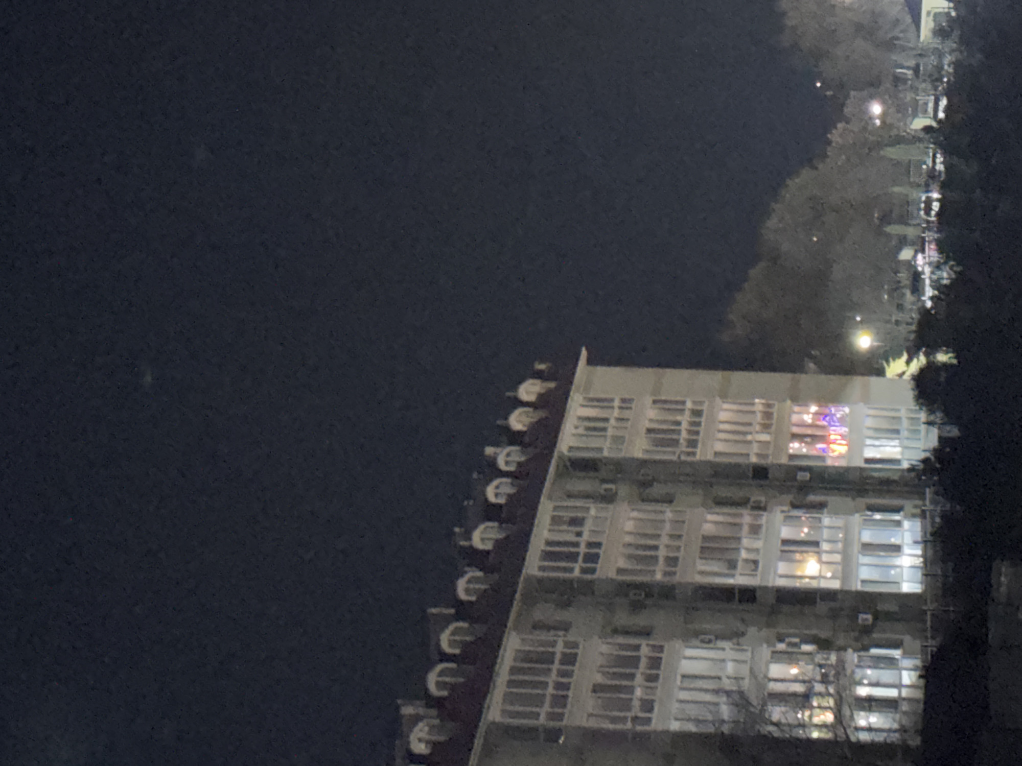At night in Новосельское сельское поселение, Ukraine, an multi-story building is visible. It has numerous windows, with some displaying lights. Along the top edge, there are rounded architectural features. To the right, trees can be seen. The sky is dark.