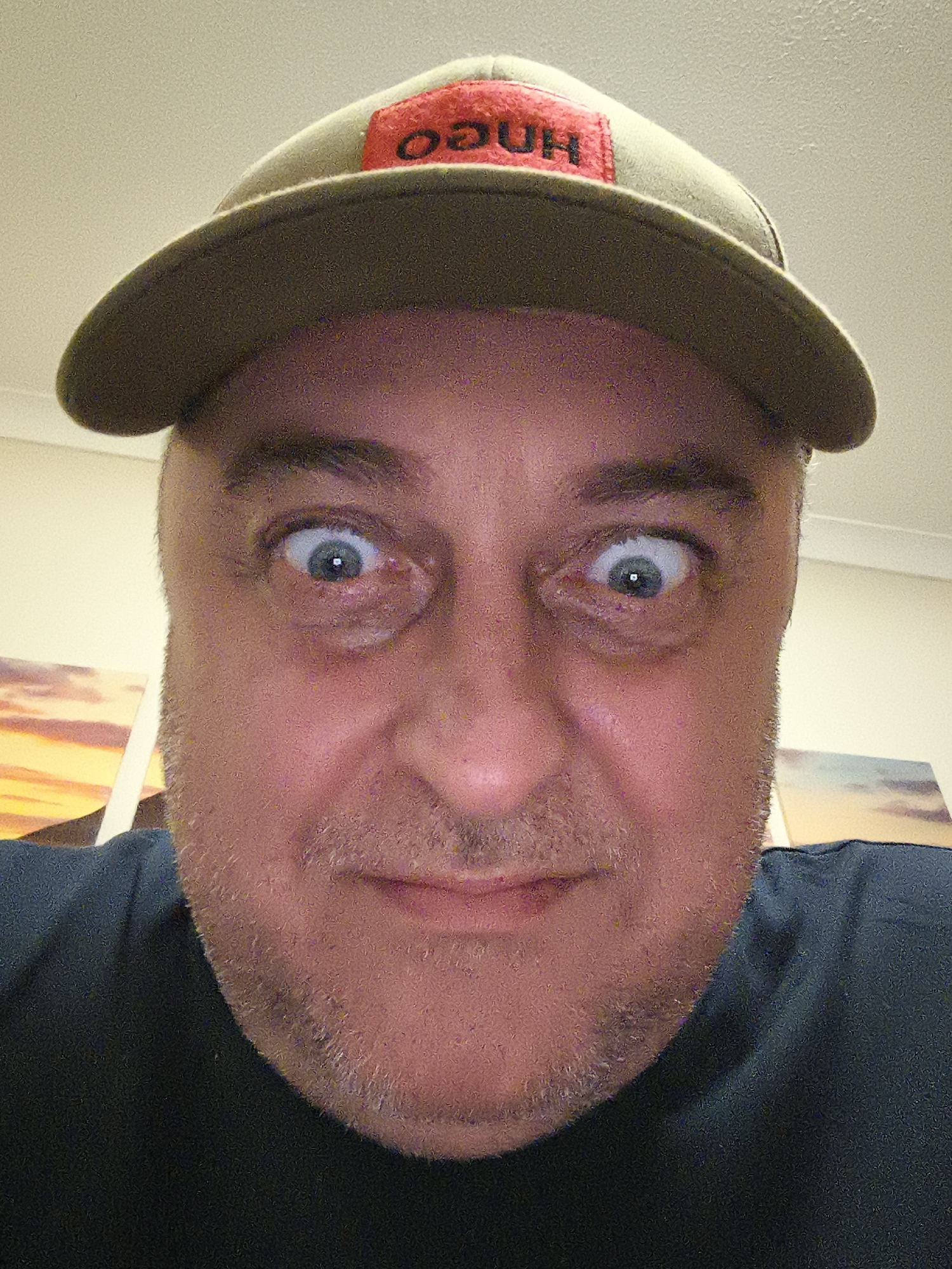 A close-up, front-facing portrait captures a man with a playful, wide-eyed expression looking directly into the camera. He wears a light brown or khaki baseball cap featuring a prominent red patch on the front. The text on the patch reads "OUH" in reverse, indicating the brand "HUGO." He is also wearing a dark-colored t-shirt, visible at the bottom of the frame. The man has short, light-colored stubble around his chin and upper lip. His eyes are wide open, conveying a sense of surprise or humor. The background is softly blurred, revealing light-colored walls and hints of framed artworks or canvases with abstract or landscape-like patterns on both the left and right sides. The lighting suggests an indoor environment. The image appears to be an informal, selfie-style photograph.