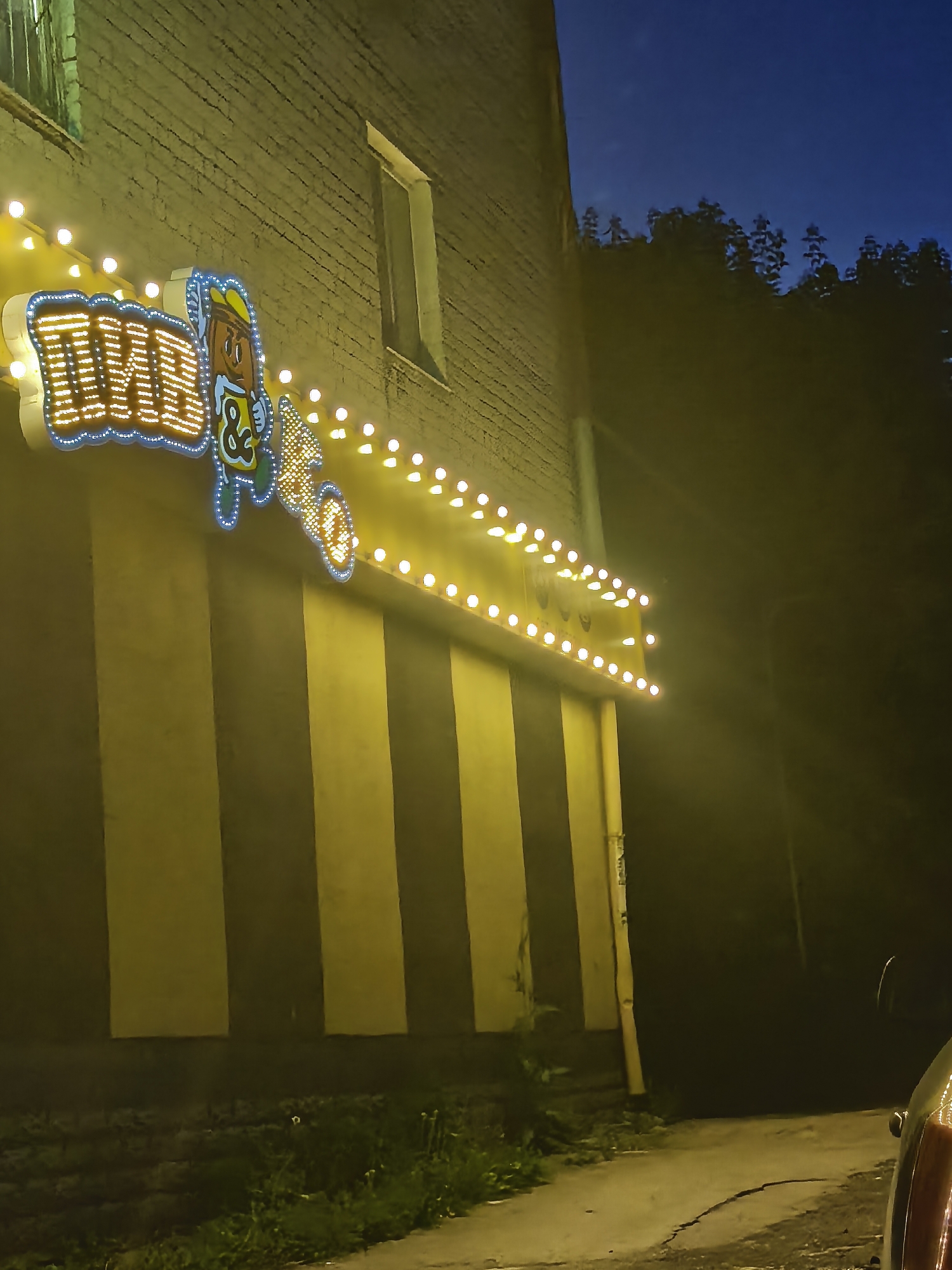 A neon sign spelling "ПИВ" in orange letters with blue trim is illuminated on a brick building at night. The sign also features a cartoon character next to the letters. A string of small, bright yellow lights runs along the top of the building, above the sign, and extends to the right. The building has a yellow and dark striped facade below the sign. In the foreground, a cracked asphalt path leads away from the building, and the rear of a car is partially visible on the right. Trees and a dark blue sky are visible in the background. The scene appears to be in a dimly lit, outdoor urban or suburban setting.
