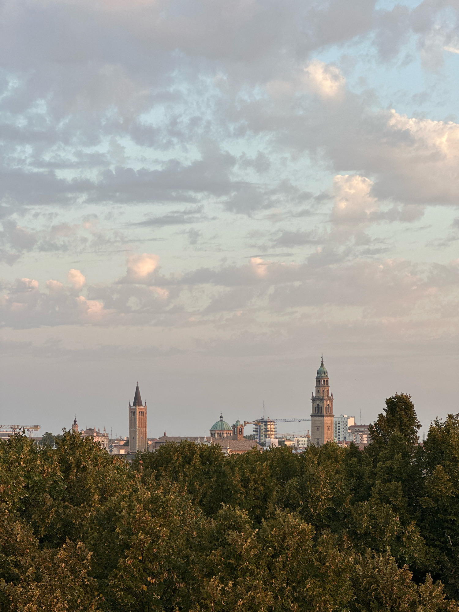 The image displays a cityscape of Parma, Italy, viewed from a distance, with a dense canopy of green trees in the foreground. Dominating the middle ground are several prominent architectural structures, including a tall, slender clock tower with a dark spire and a rounded green-domed building. The background features a hazy skyline with other buildings and construction cranes, suggesting ongoing development. The sky above is filled with a mix of light and dark clouds, with hints of pink and orange, indicative of either sunrise or sunset. The lighting suggests it is either early morning or late afternoon. No people are visible in the image. The scene is a serene and panoramic view of the city.