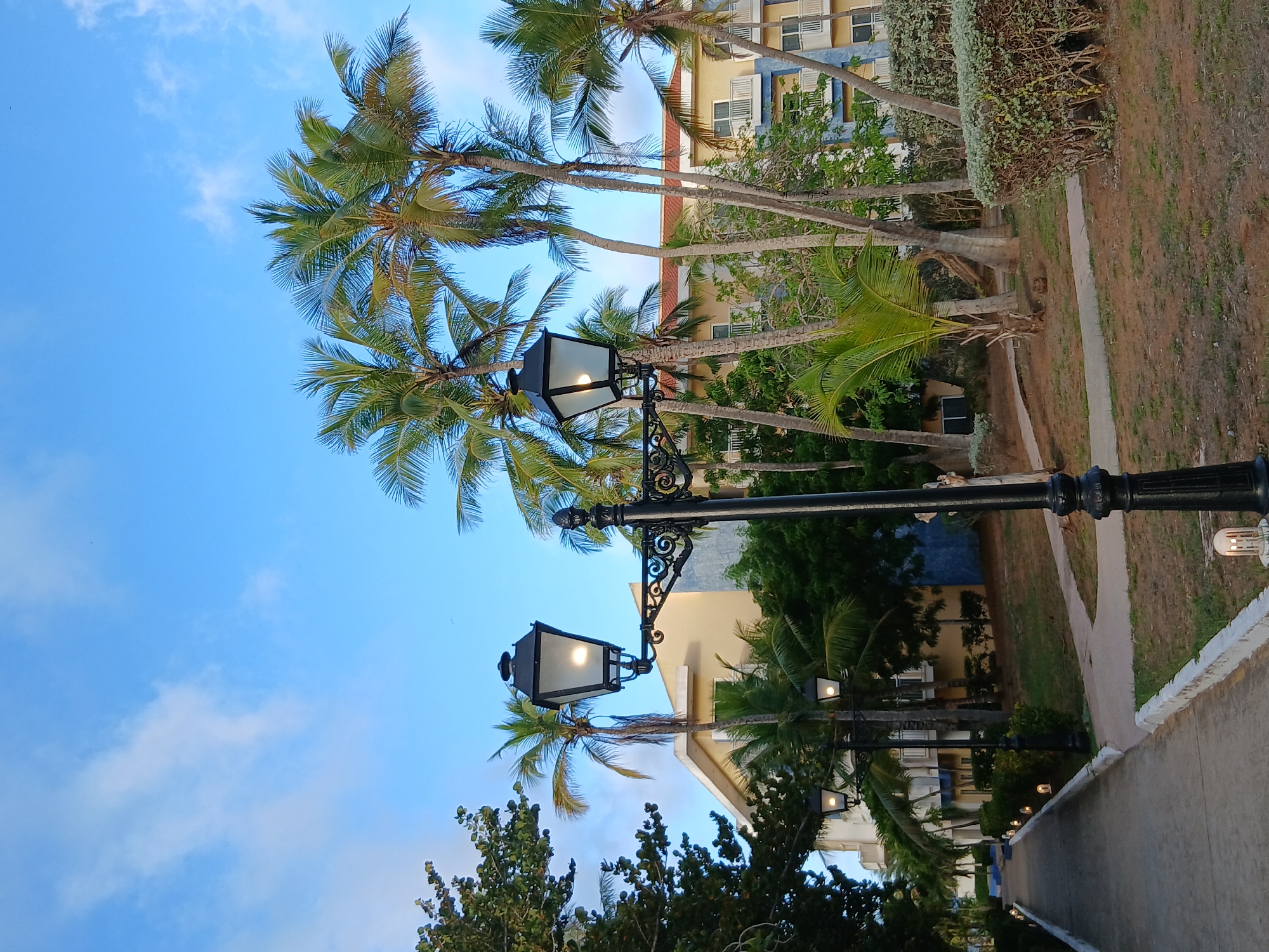 In Playa El Agua, Venezuela, an outdoor scene features a paved walkway lined with small, lit lamps, leading towards a building. Two ornate black lampposts with lit lanterns stand prominently along the walkway and in the foreground. The walkway curves to the left, with a patch of grass and a manicured hedge to its right. Behind the walkway and hedge, several palm trees of varying heights are visible, with their fronds reaching towards a clear blue sky with scattered white clouds. A multi-story building with yellow and blue accents, featuring balconies with white railings, is situated behind the palm trees. The overall environment suggests a resort or hotel setting in a tropical location.