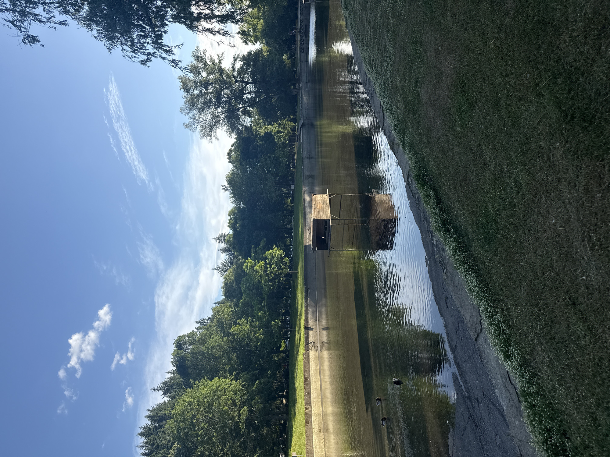 The image depicts a concrete-lined channel of water running through a park in Blagoevgrad, Bulgaria. A wooden platform with a superstructure is partially submerged in the water. Trees line the left side of the channel and grass the right. Several ducks are present in the water. The sky is blue with scattered clouds.