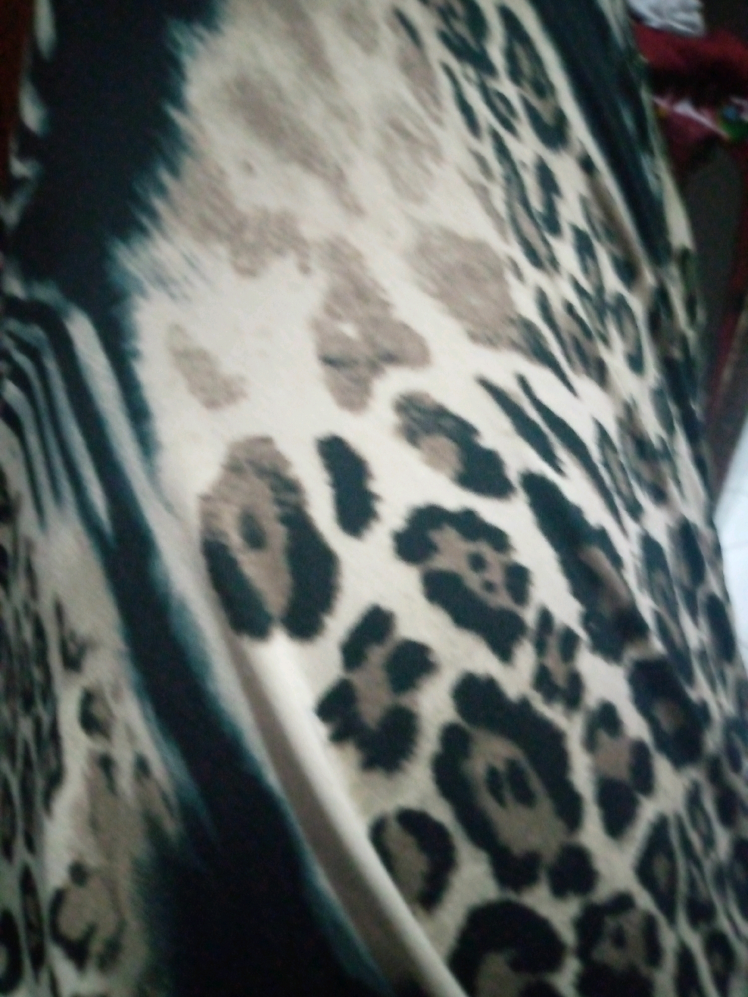 The image is a close-up, slightly out-of-focus view of a fabric with a leopard print pattern. The pattern consists of irregular black spots on a beige or tan background. There are also some darker, blurred areas that could be interpreted as tiger stripes or a shadow effect on the fabric. The fabric appears to be draped, with folds and curves visible. The lighting is somewhat dim. There are no people, specific locations within a city, or discernible actions or interactions visible in the image.