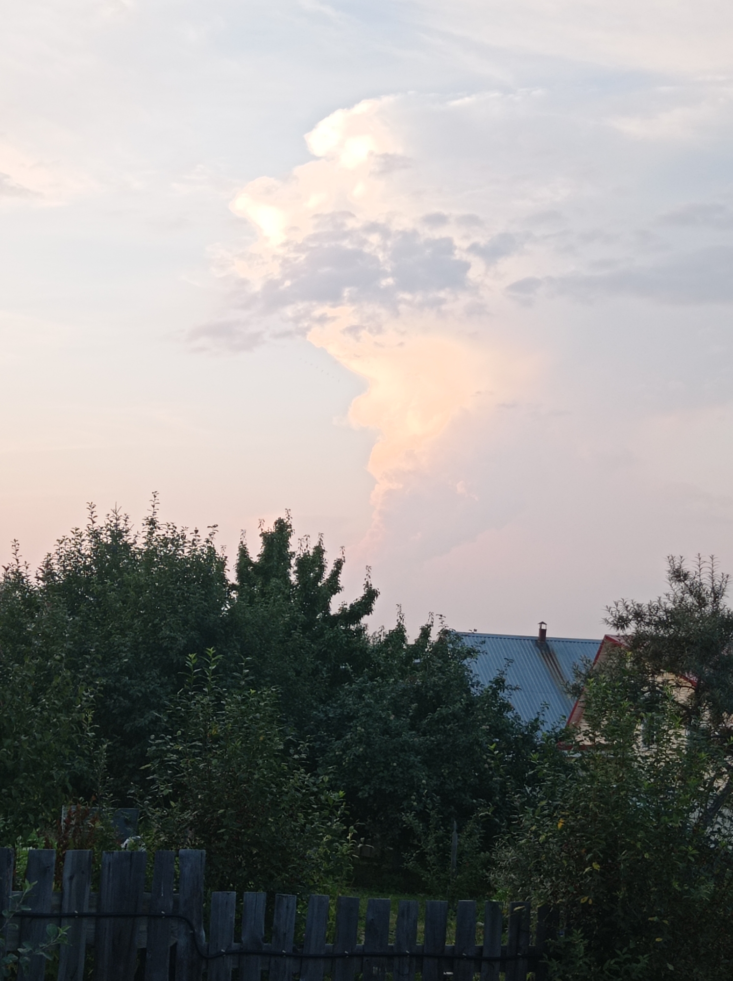 The image shows a rural landscape with a striking cloud formation in the sky. A tall, luminous cloud, tinged with pink and orange hues, dominates the upper right portion of the frame, extending vertically. Below the sky, a dense canopy of lush green trees stretches across the middle ground. Partially visible through the foliage are the rooftops of two houses, one with a blue corrugated metal roof and a red-capped chimney, and another with a visible red roof edge. In the foreground, a weathered, gray wooden fence made of vertical planks runs horizontally, with some greenery peeking out from behind it. The overall scene suggests an outdoor setting in a village or rural area, possibly at dusk or dawn given the lighting and cloud colors. The location is identified as Degtyarsk, Russia.