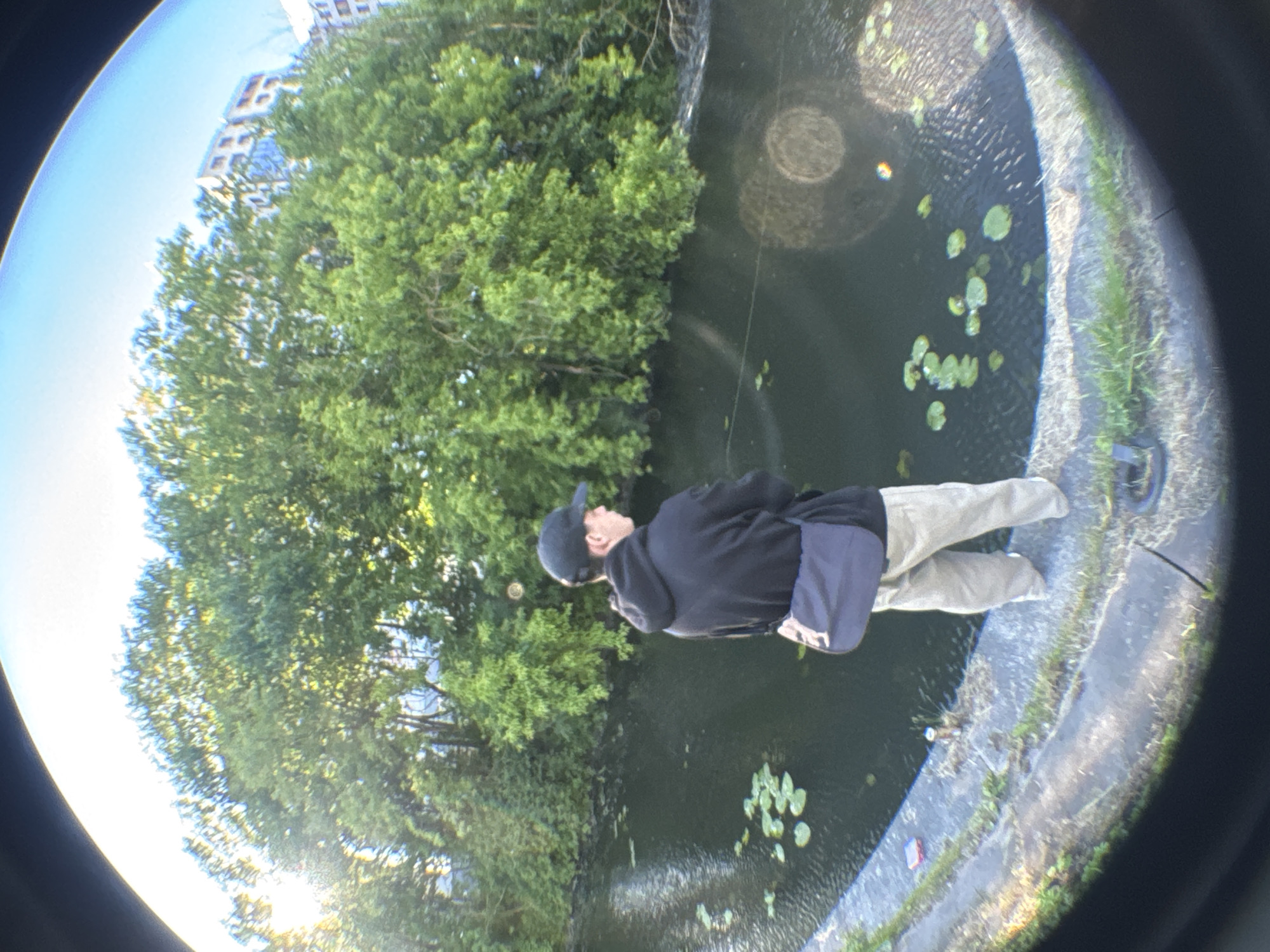 A lone individual stands on the edge of a canal in Saint Petersburg, Russia, facing away from the camera and towards the water. The person is wearing a black hooded sweatshirt, tan pants, and a black baseball cap. A dark-colored messenger bag is slung across their body. The canal is filled with dark water, dotted with lily pads. The background is dominated by lush green trees, with a modern building visible in the distance through the foliage. The fisheye lens distorts the scene, creating a circular frame and wide-angle effect. The sun is shining, casting light on the trees and creating reflections on the water. The ground along the canal is paved with stone and patches of grass.