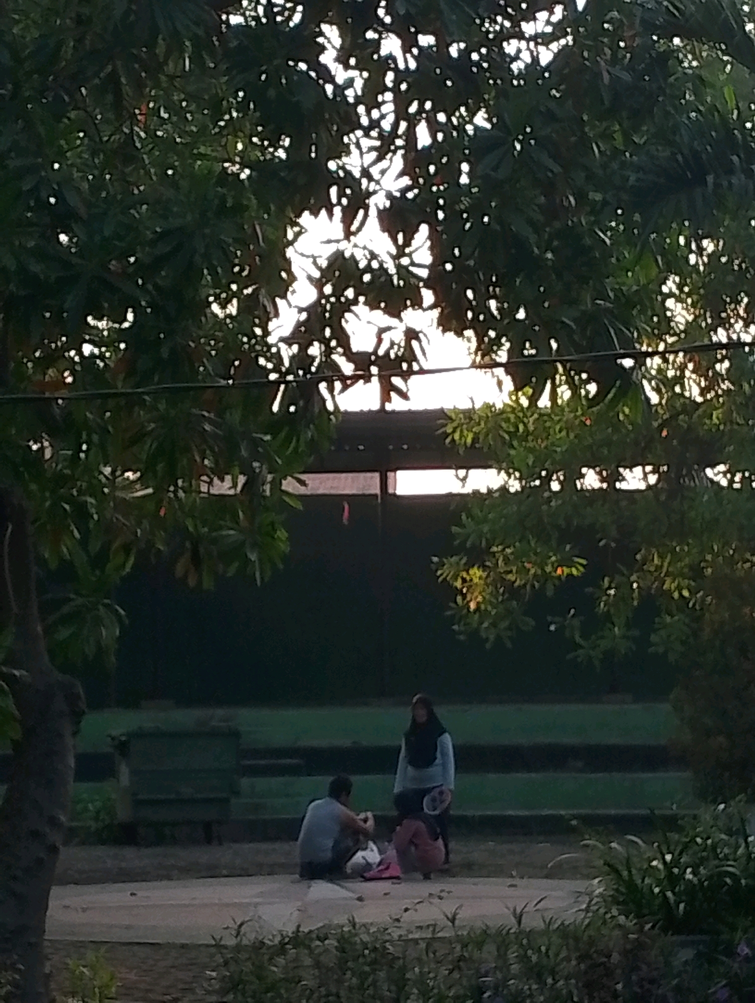 The image depicts a scene in Probolinggo, Indonesia, where two individuals are seated on a paved surface, possibly a park or outdoor recreational area. The foreground is dominated by foliage, with trees partially obscuring the background. A man, facing away from the camera, is seated on the ground, appearing to hold something in his hands. Beside him, a person in a blue headscarf and white top stands, looking down. Further to the right, another figure is partially visible, crouched on the ground, wearing a pink top. The background reveals a dark, possibly wooden fence or structure, with intermittent gaps that allow light to pass through. The overall lighting suggests it may be late afternoon or early morning, with sunlight filtering through the trees.